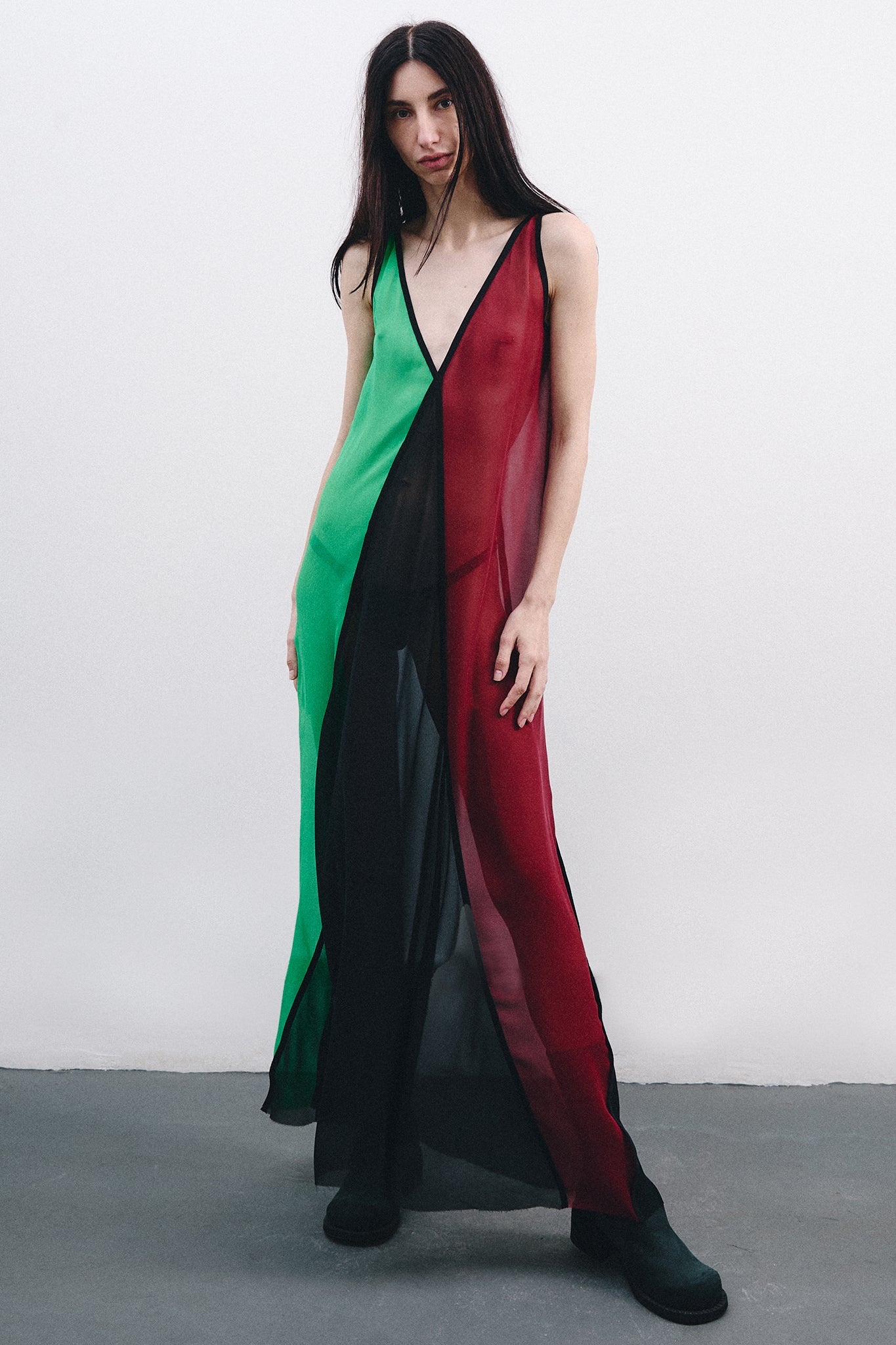Silk Triangle Dress with V-Neck - Black & Burgundy & Green