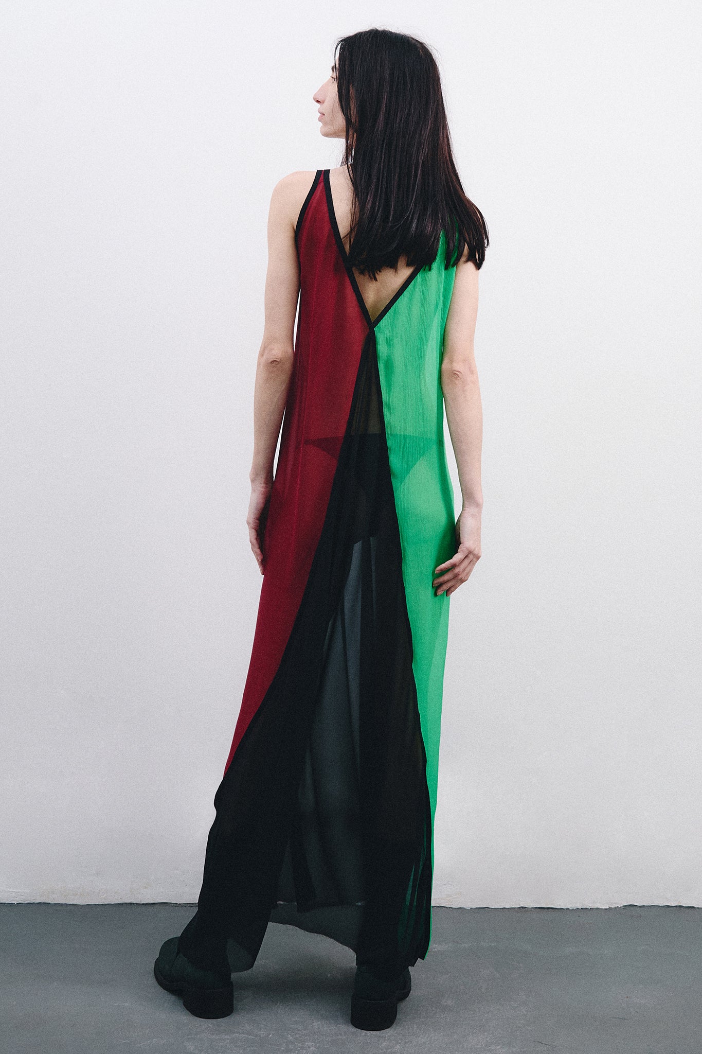 Silk Triangle Dress with V-Neck - Black & Burgundy & Green