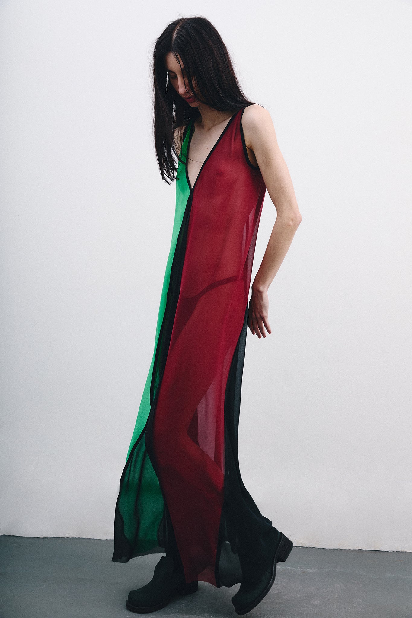 Silk Triangle Dress with V-Neck - Black & Burgundy & Green