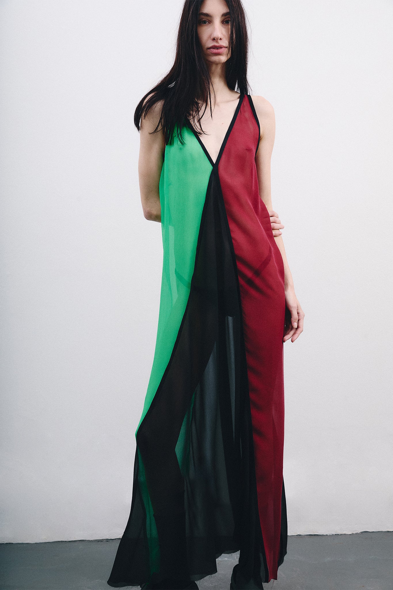 Silk Triangle Dress with V-Neck - Black & Burgundy & Green