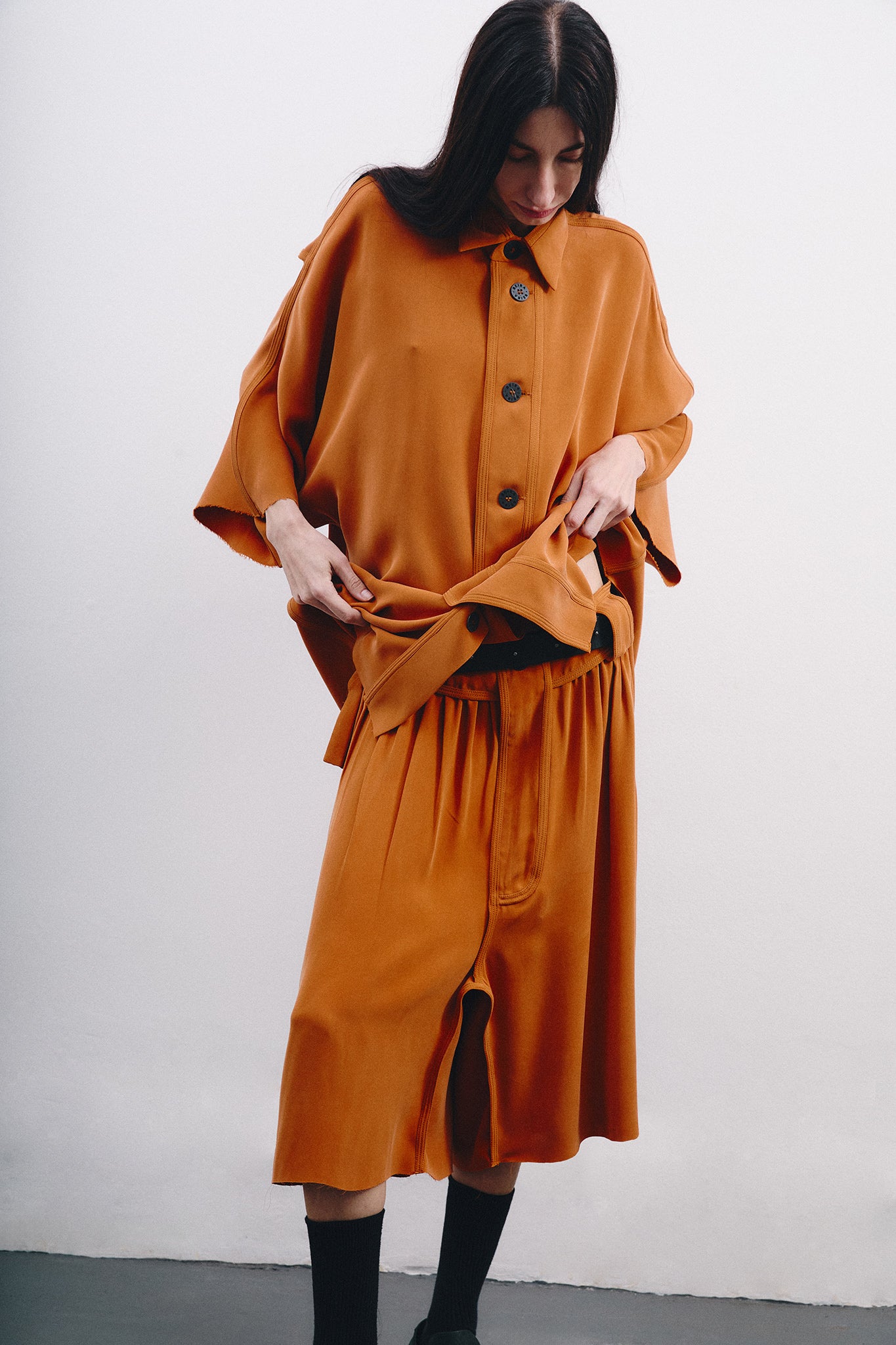 Silk Bermuda Shorts with Gathereds - Orange