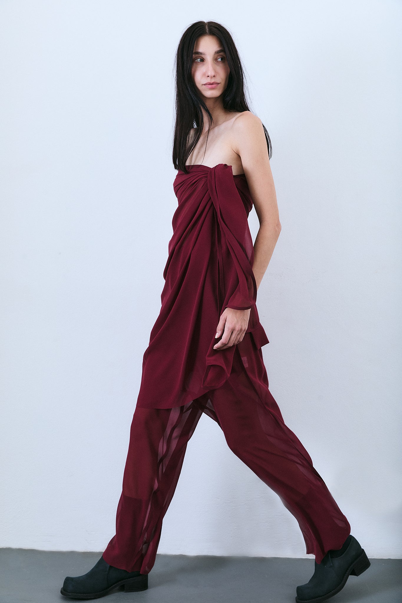 Silk Side Buckle Trousers - Burgundy