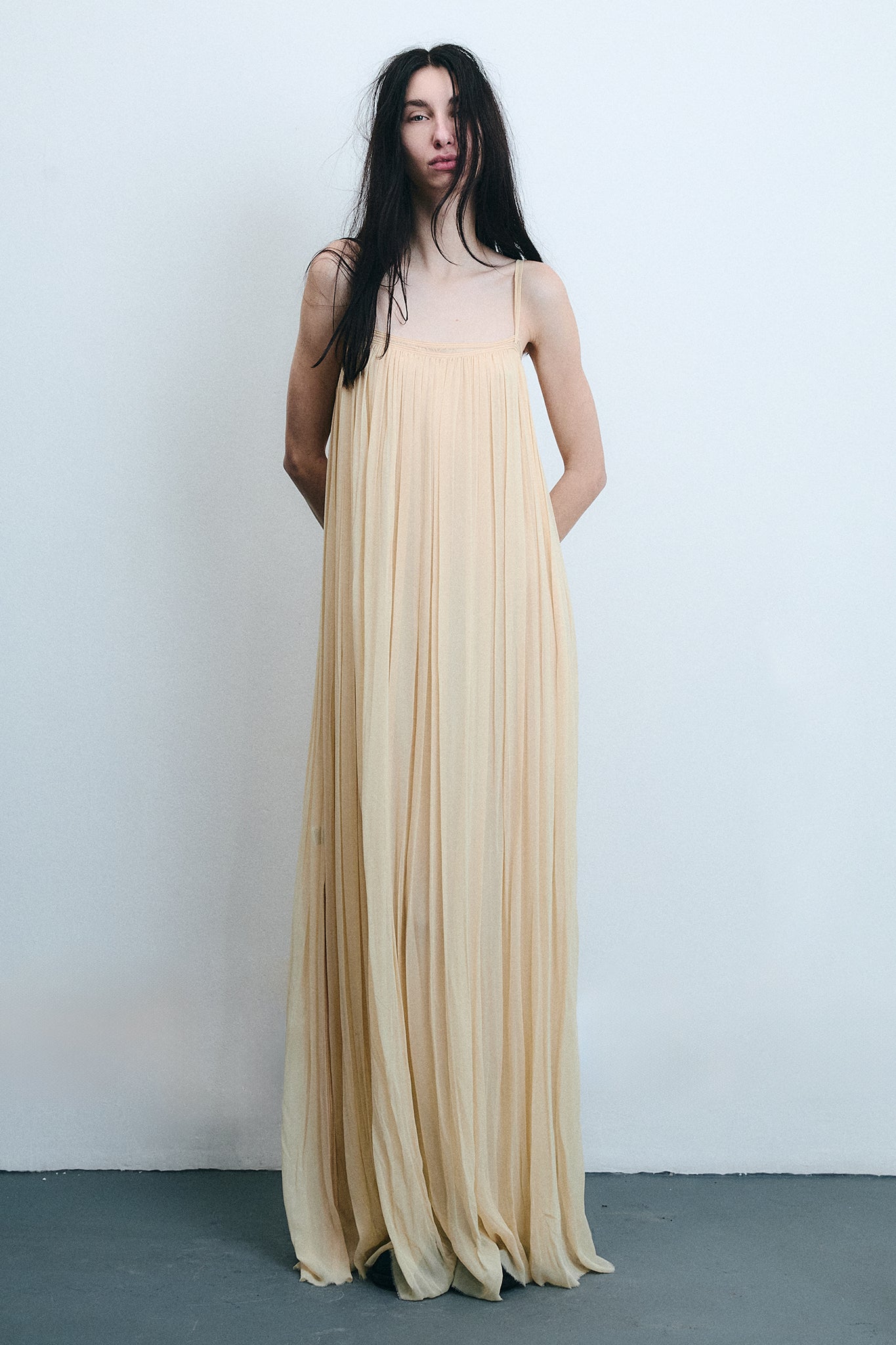 Silk Strap Gathered Maxi Dress - Light Beige