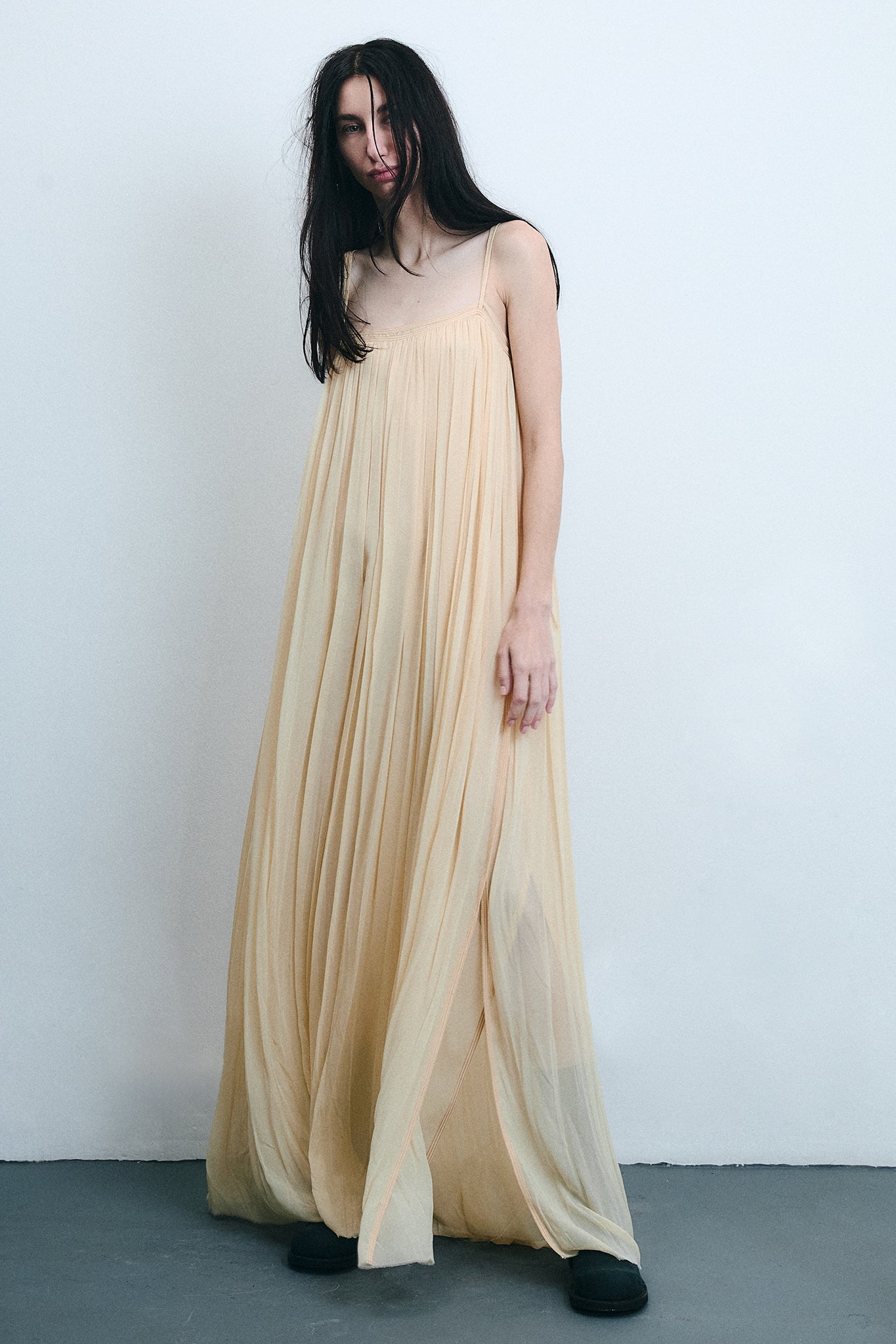 Silk Strap Gathered Maxi Dress - Light Beige