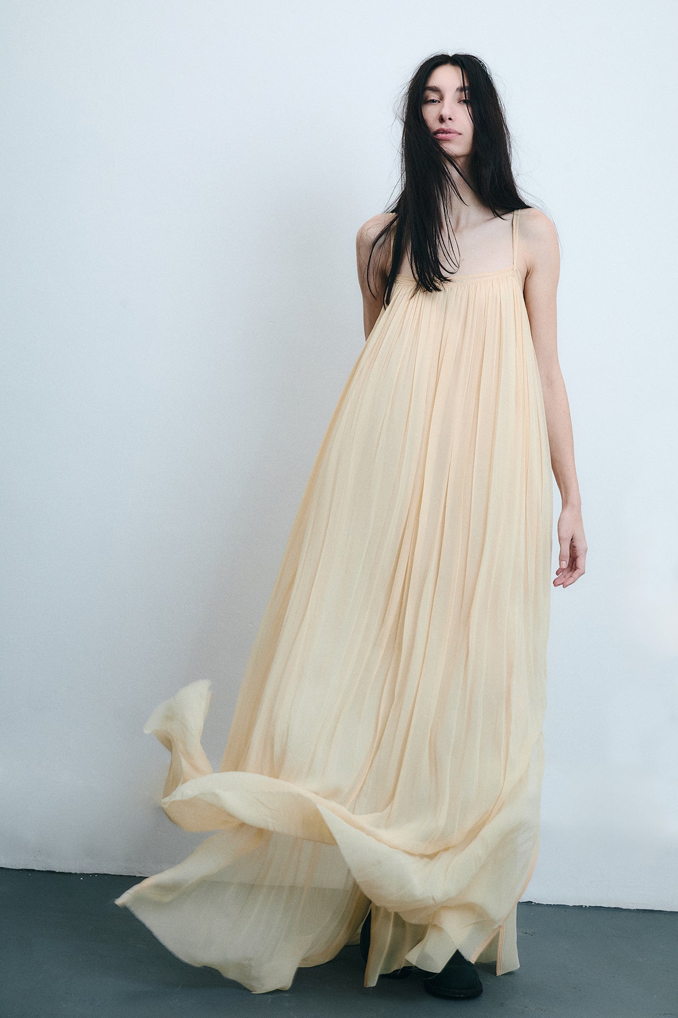 Silk Strap Gathered Maxi Dress - Light Beige
