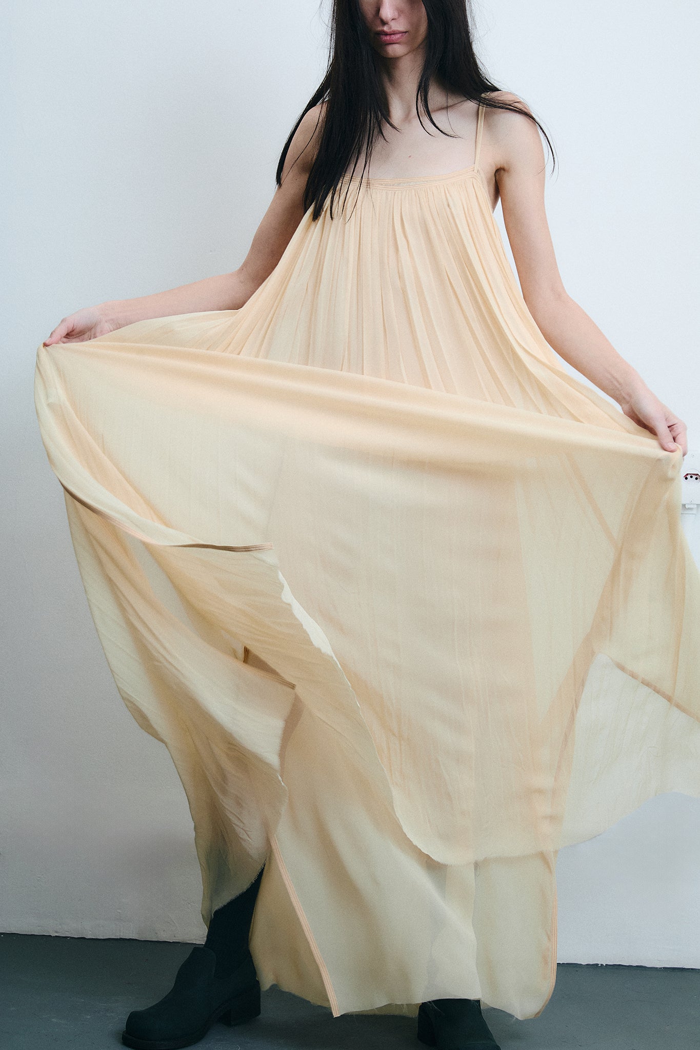 Silk Strap Gathered Maxi Dress - Light Beige