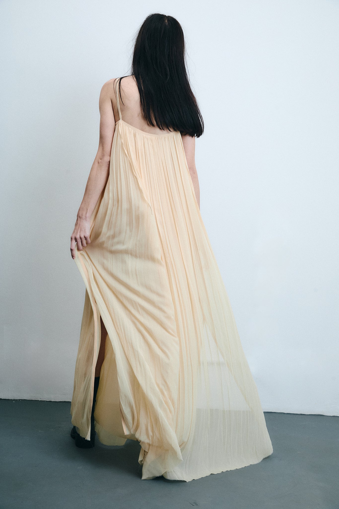 Silk Strap Gathered Maxi Dress - Light Beige