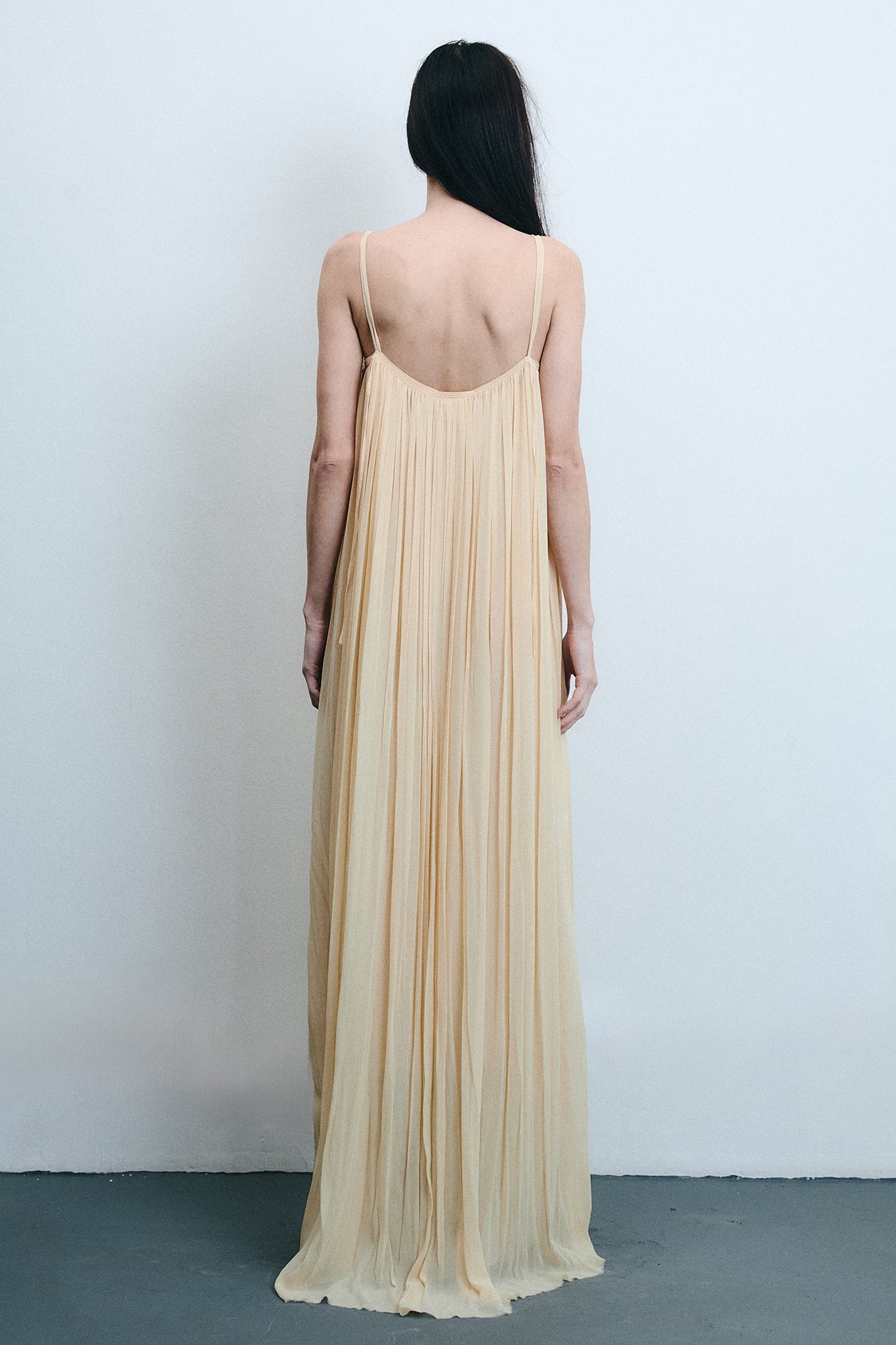 Silk Strap Gathered Maxi Dress - Light Beige