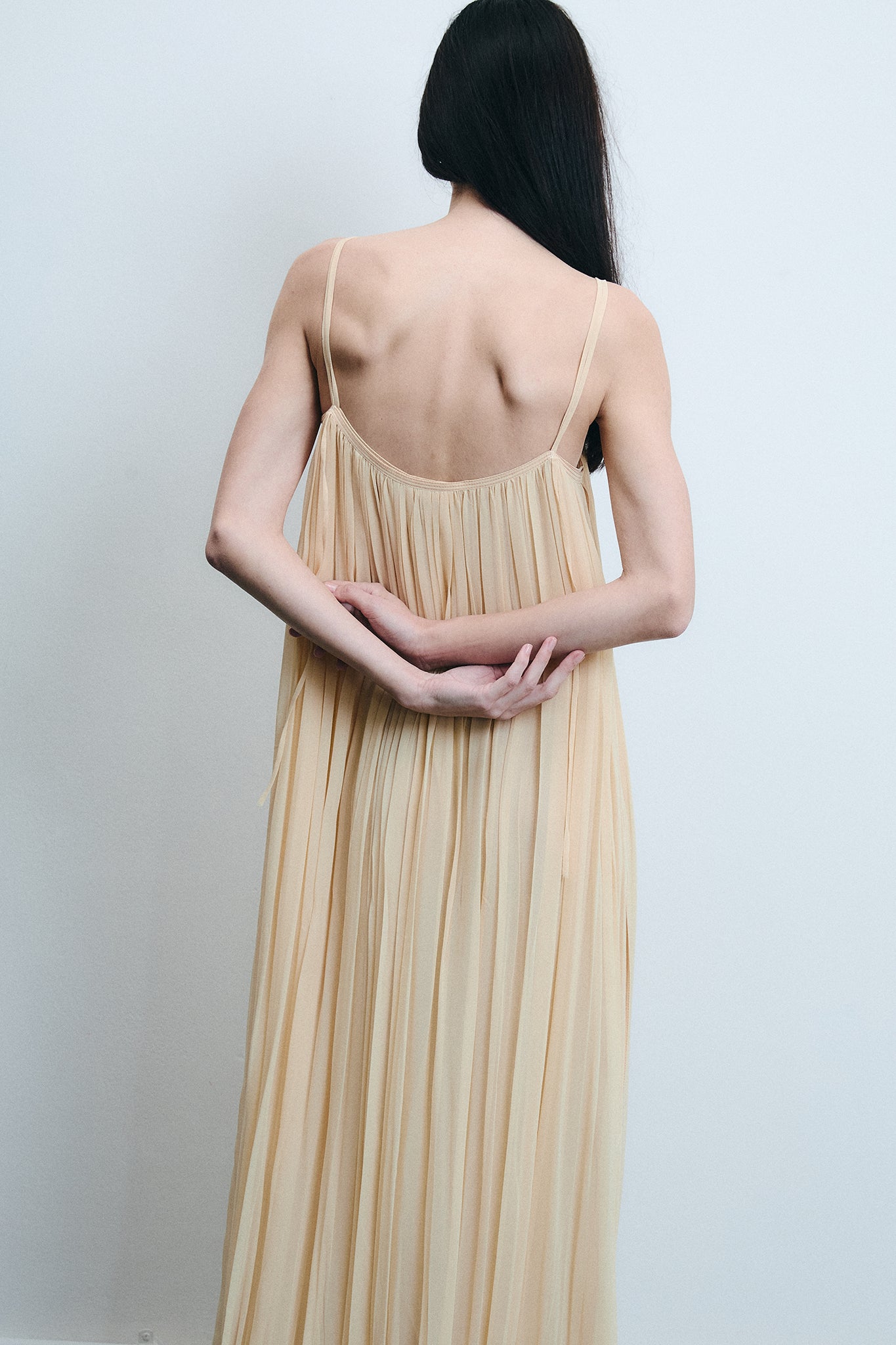 Silk Strap Gathered Maxi Dress - Light Beige