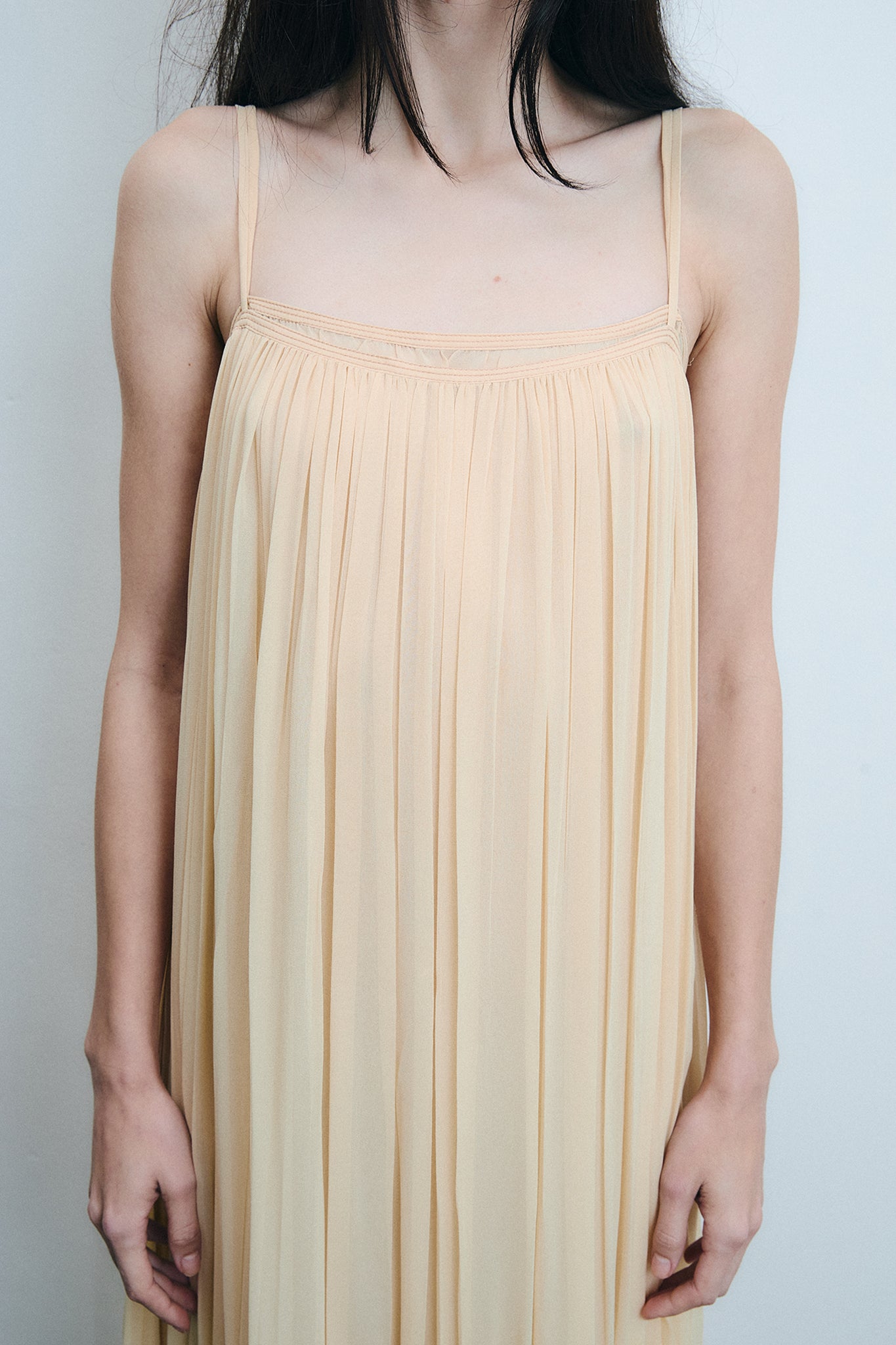Silk Strap Gathered Maxi Dress - Light Beige