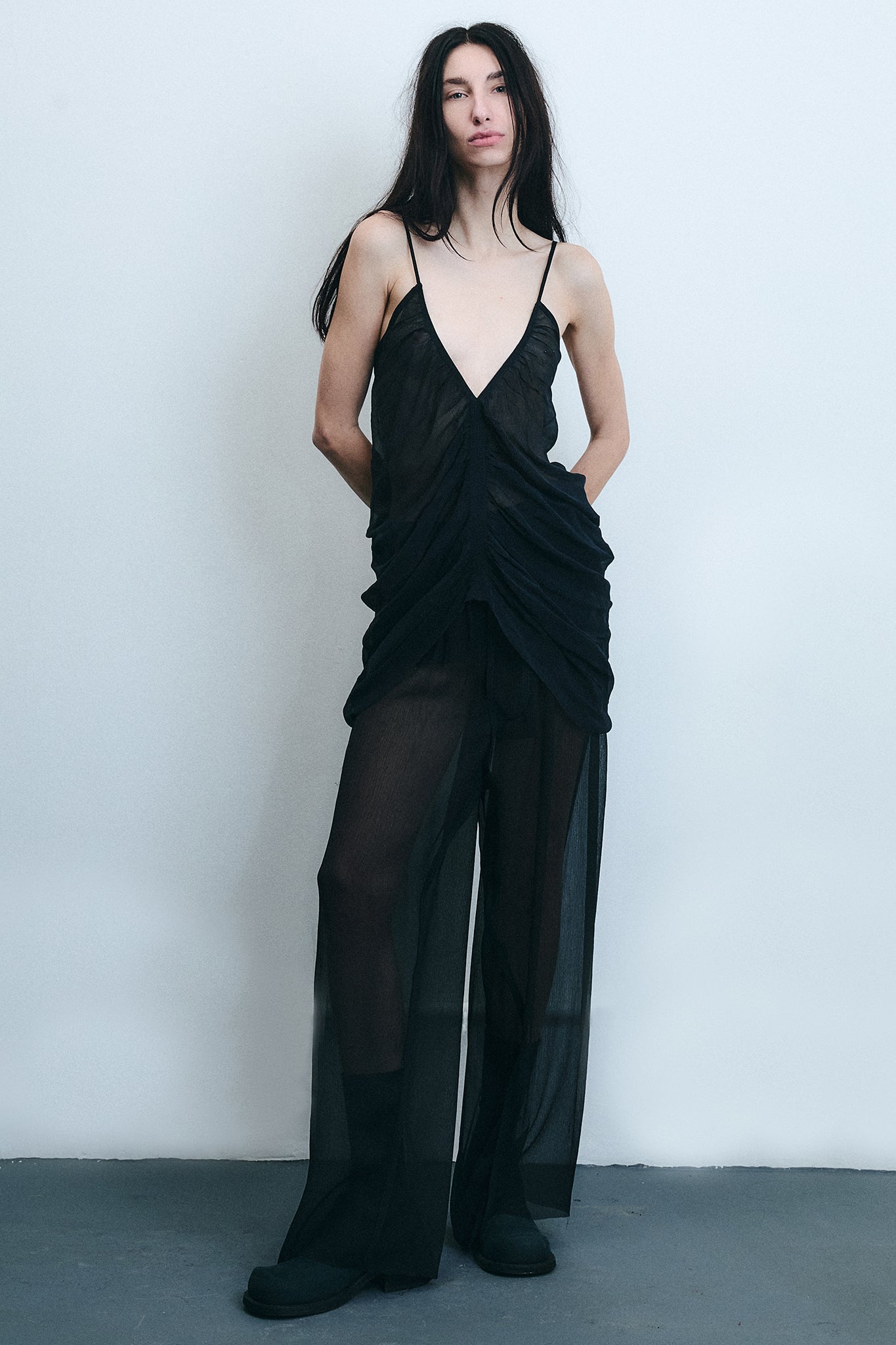 Gathered Silk Loose-leg Trousers - Black