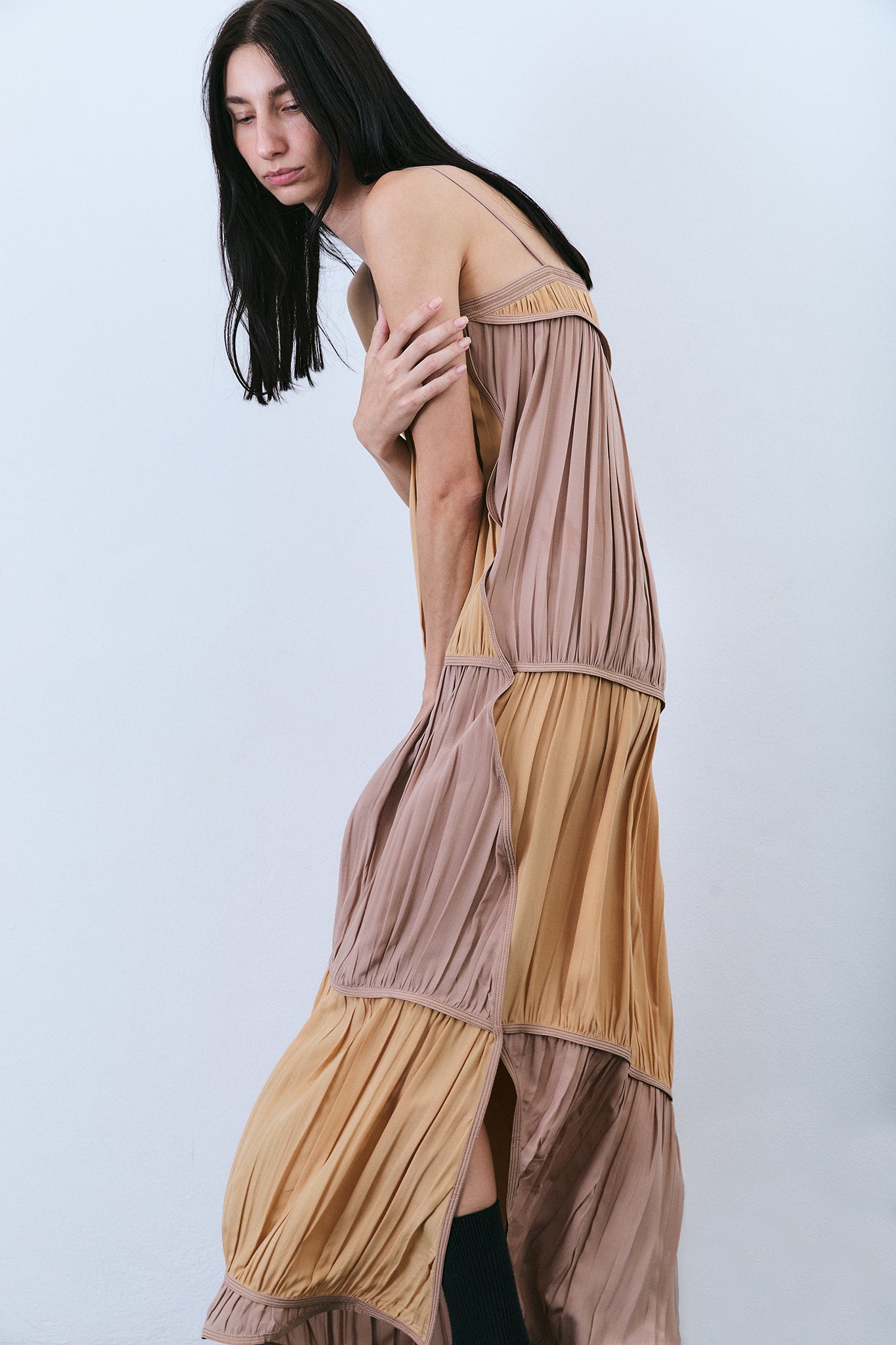 Silk Draped Tiered Dress - Beige