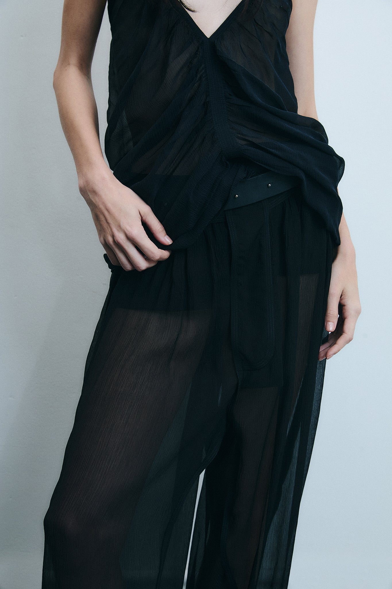Gathered Silk Loose-leg Trousers - Black