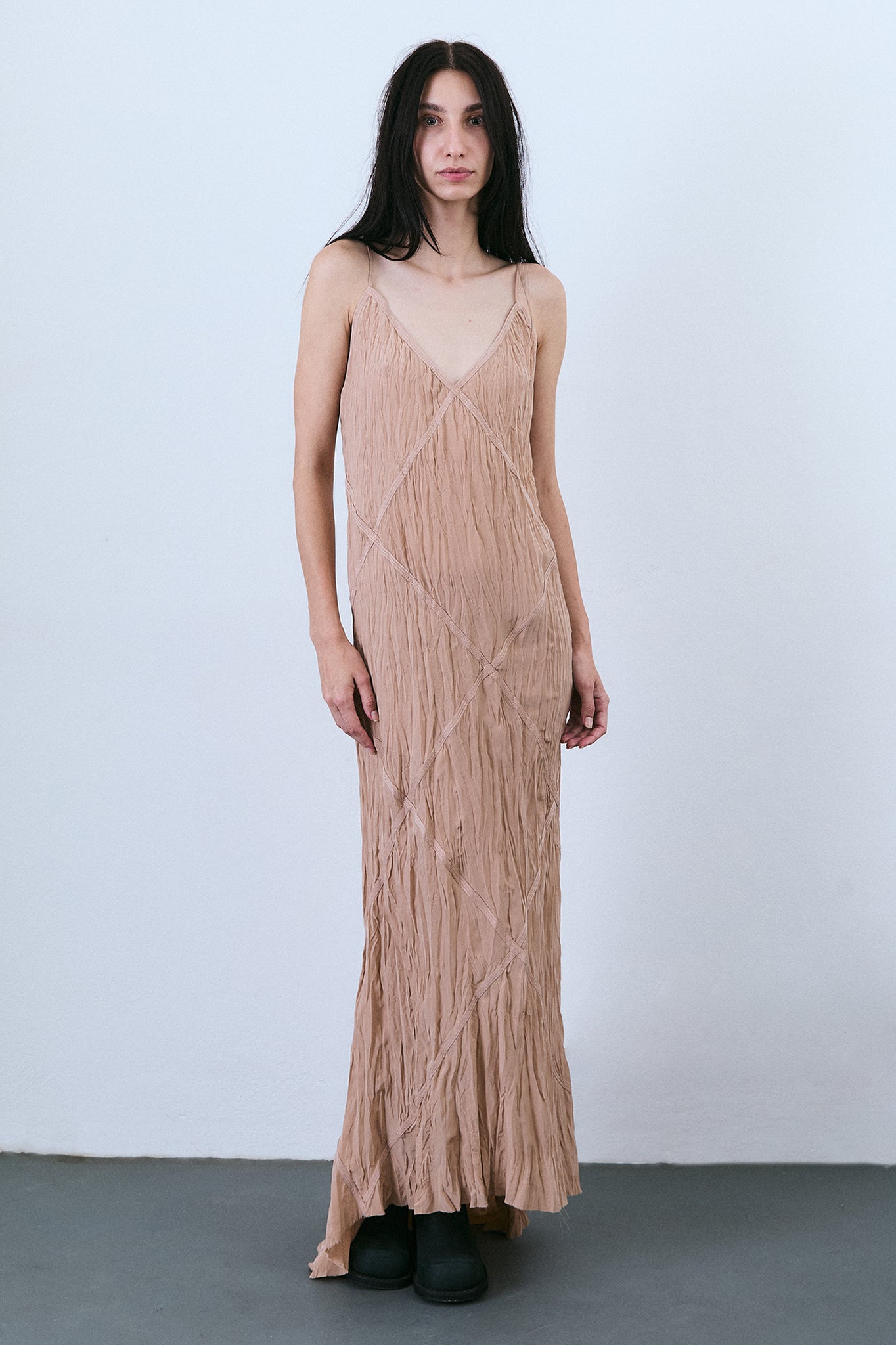 Pleated Silk Diamond Dress - Beige
