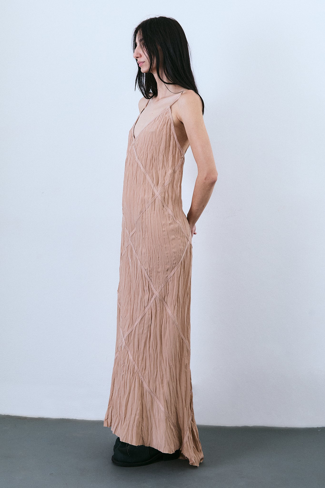 Pleated Silk Diamond Dress - Beige
