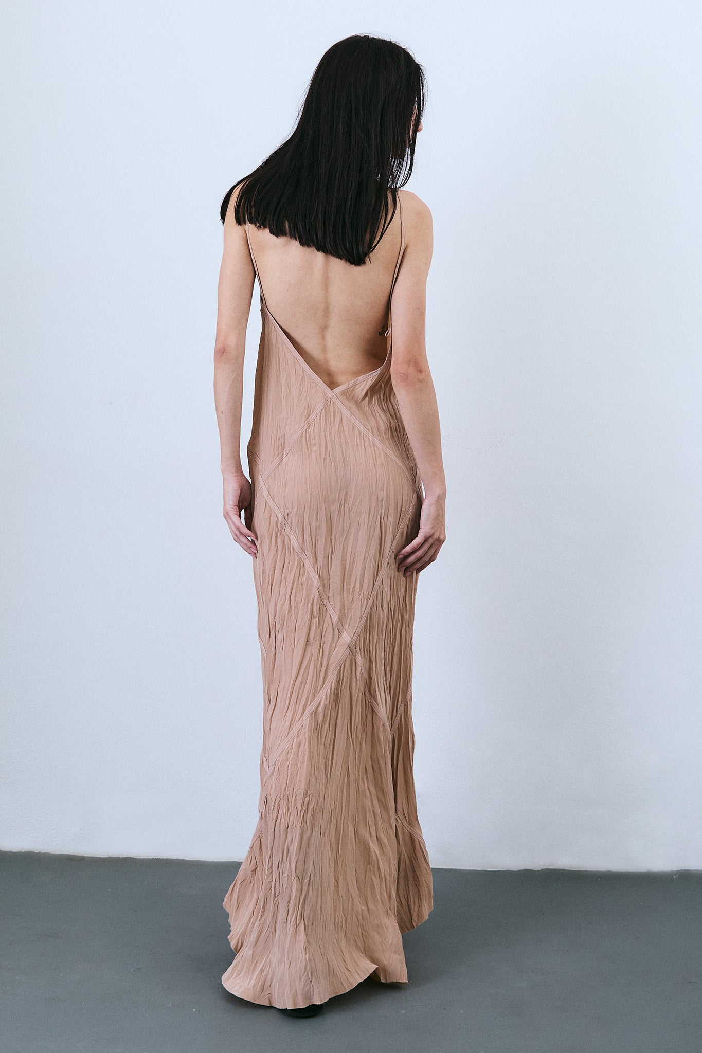 Pleated Silk Diamond Dress - Beige