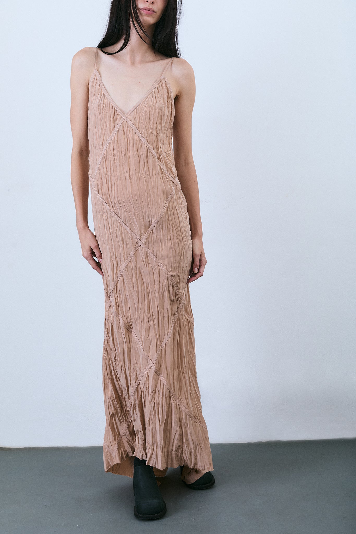 Pleated Silk Diamond Dress - Beige