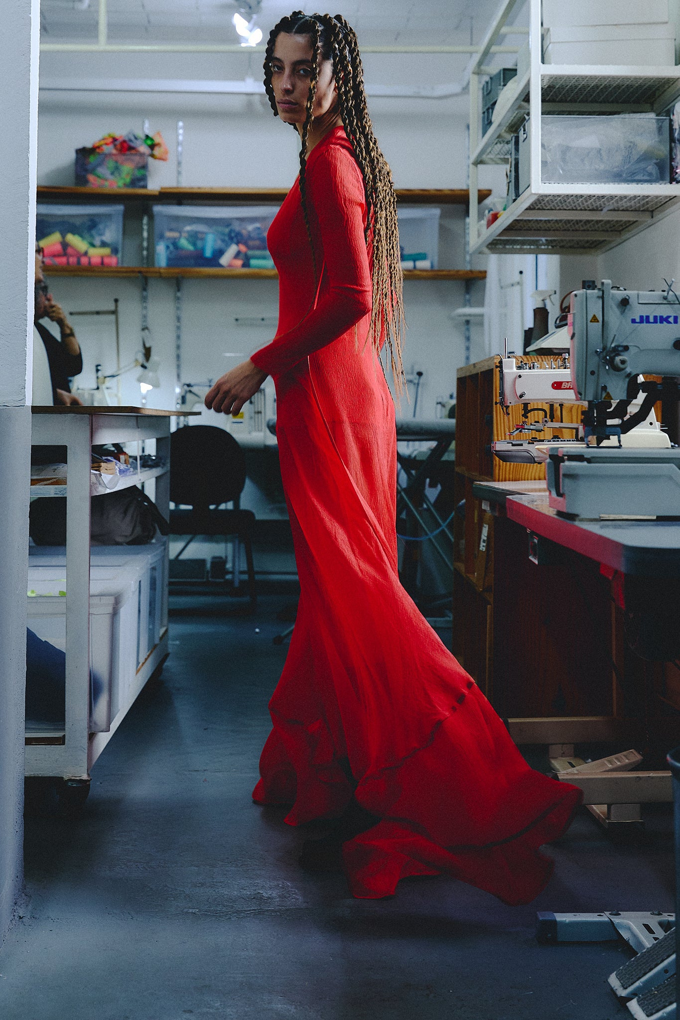 Chiffon Silk Long Sleeve Train Dress - Red