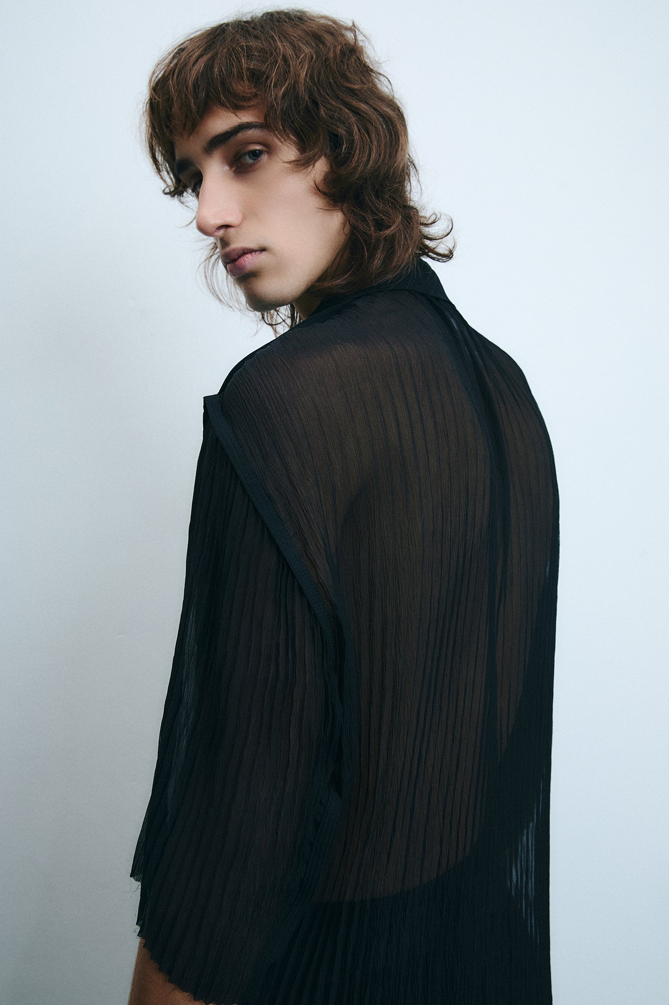 Pleated Silk Short Sleeve Shirt - Black