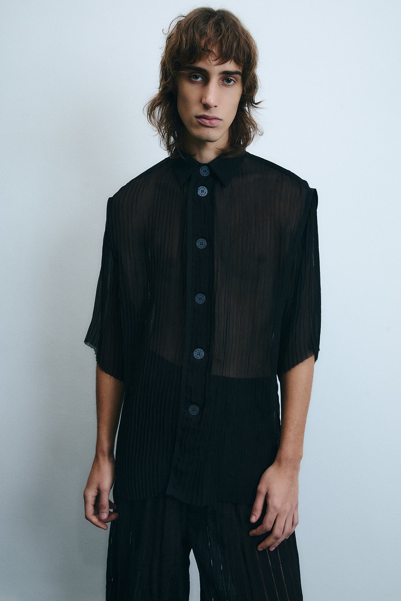 Pleated Silk Short Sleeve Shirt - Black