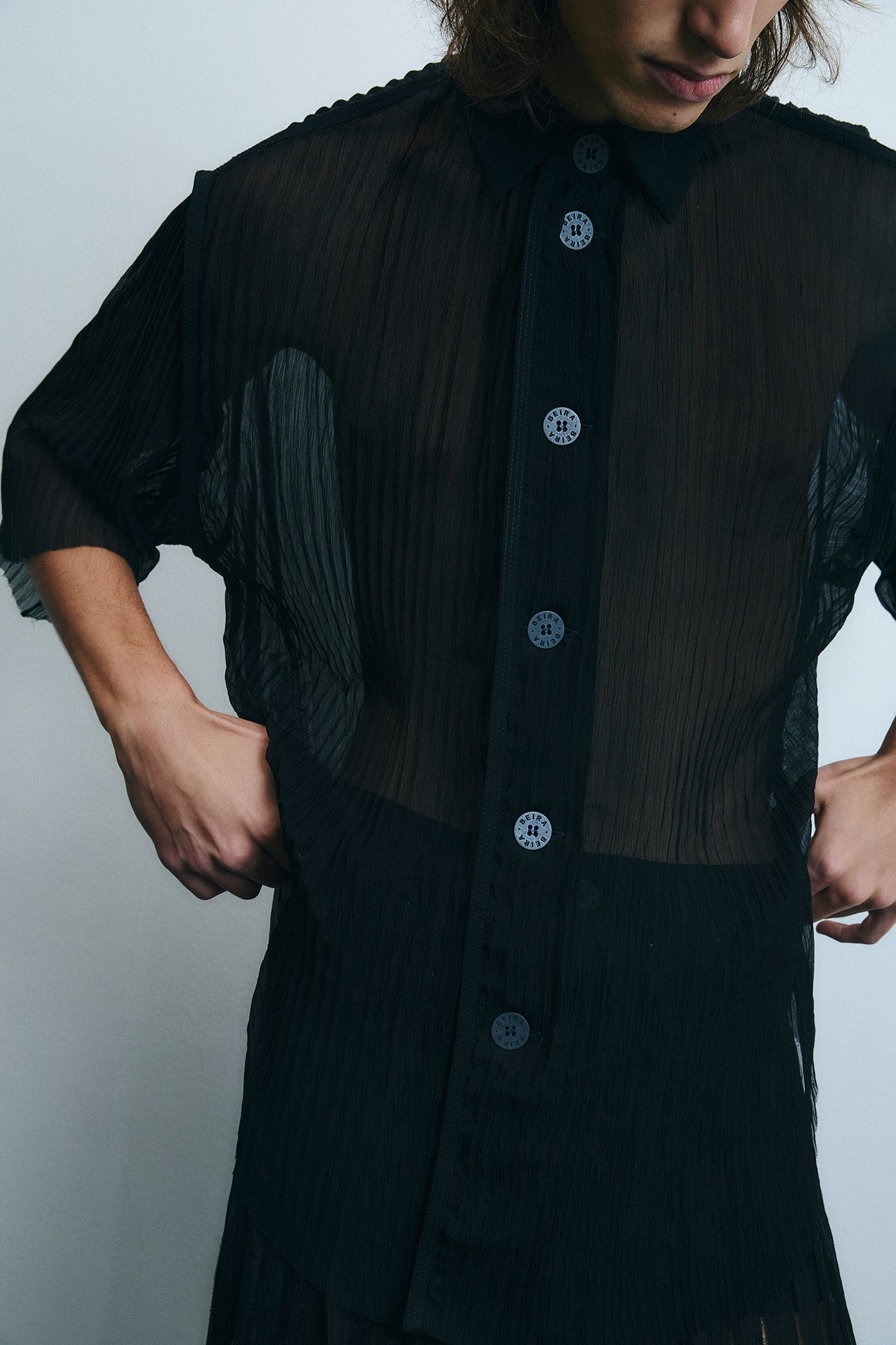 Pleated Silk Short Sleeve Shirt - Black
