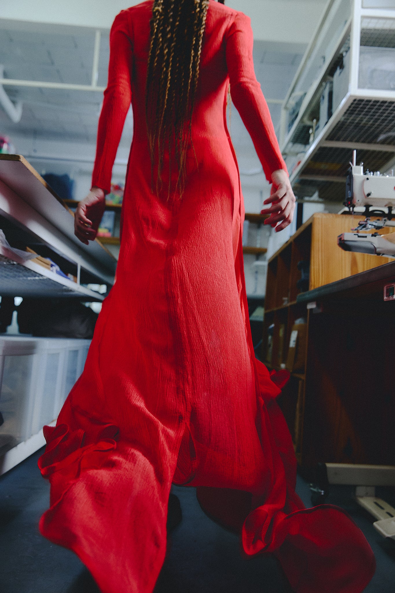 Chiffon Silk Long Sleeve Train Dress - Red