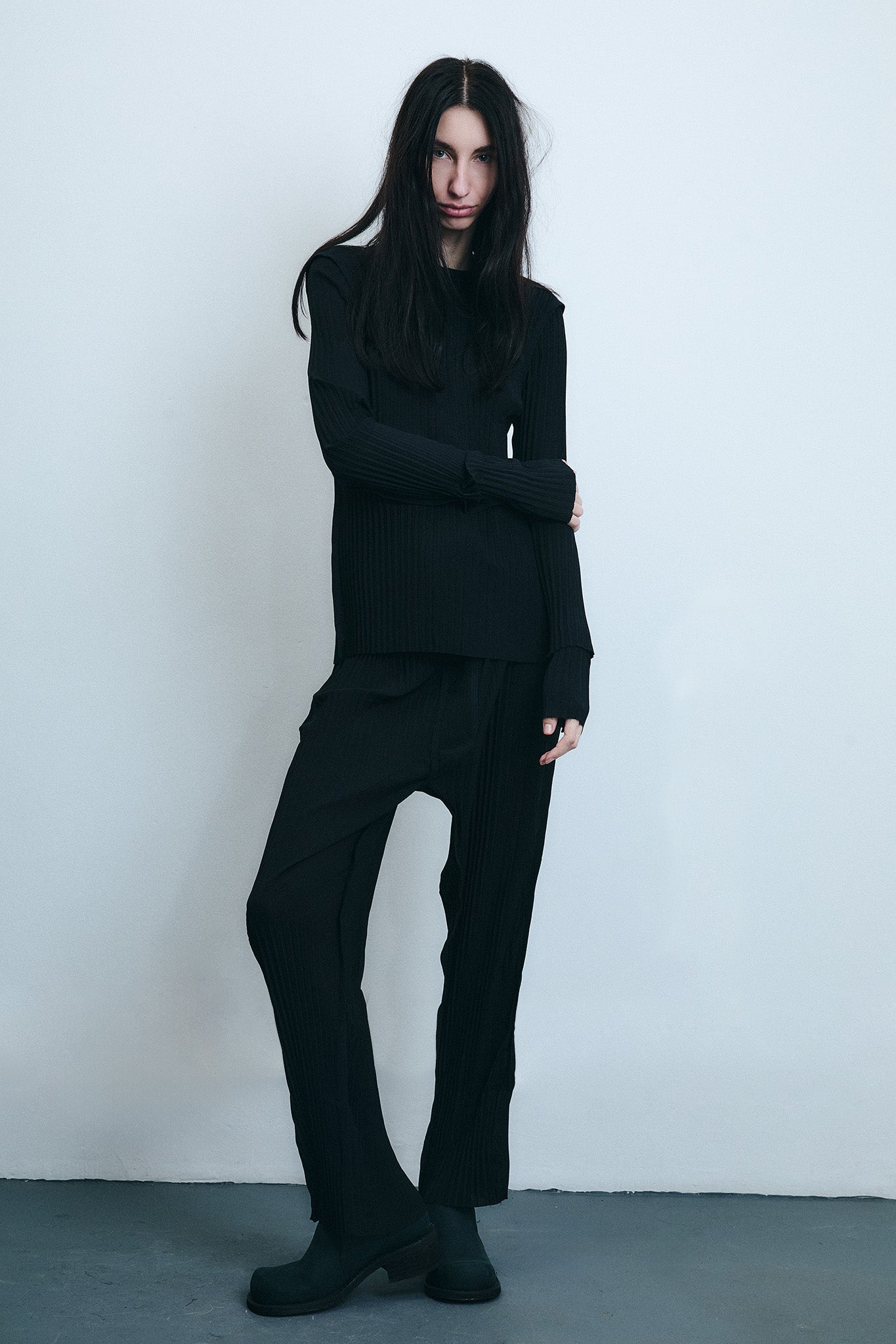 Pleated Silk Fitted Blouse - Black
