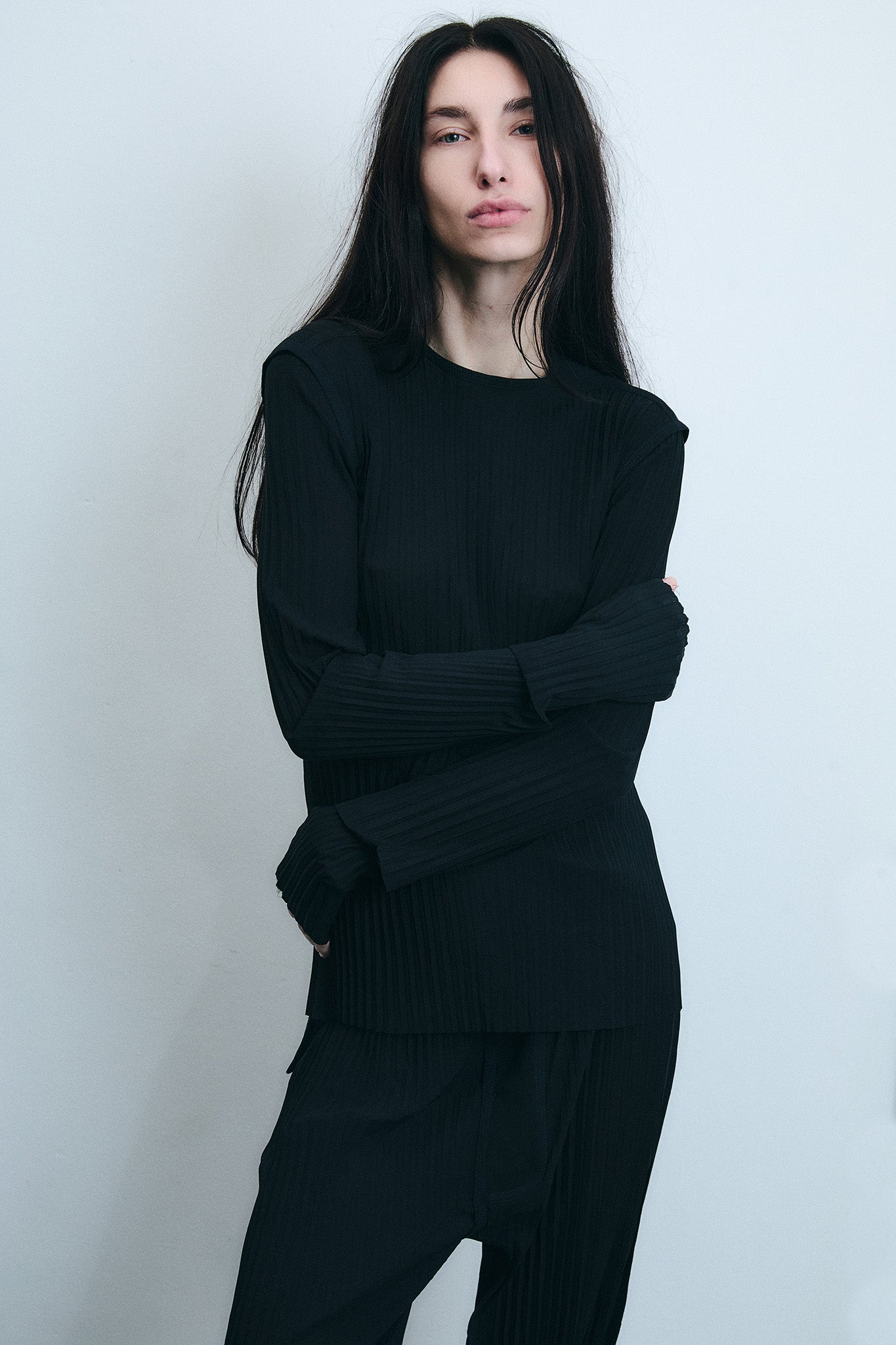 Pleated Silk Fitted Blouse - Black