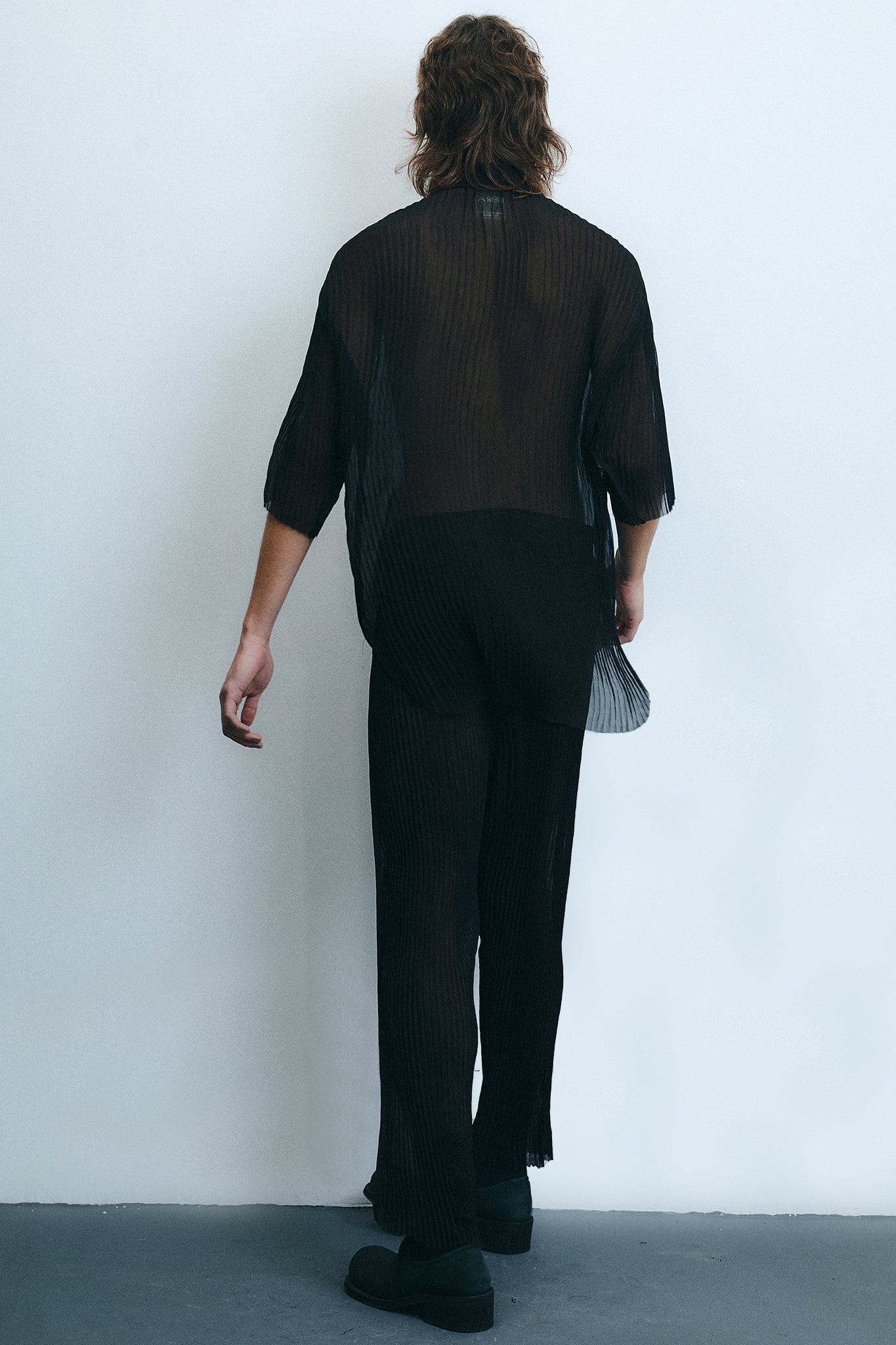 Pleated Silk Short Sleeve Shirt - Black