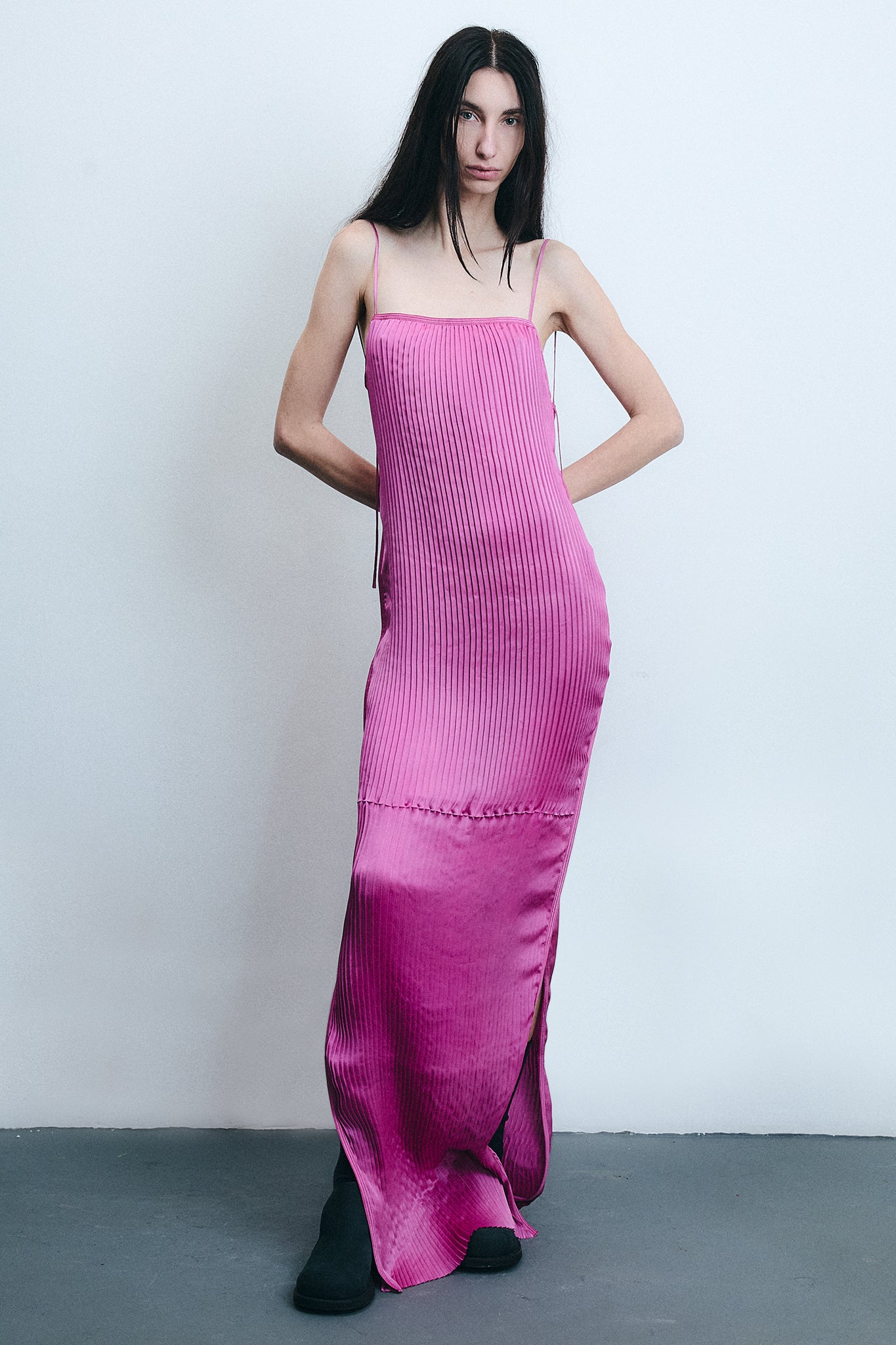 Accordion Pleated Silk Dress - Pink