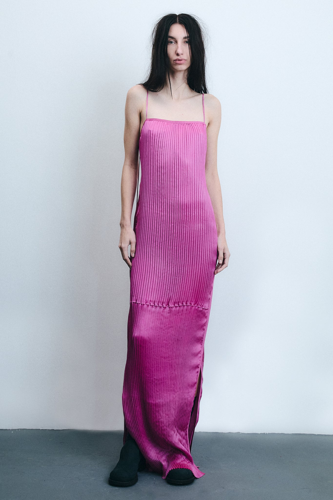 Accordion Pleated Silk Dress - Pink