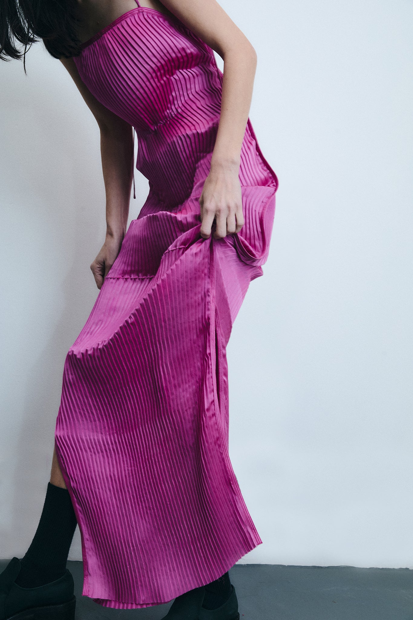Accordion Pleated Silk Dress - Pink