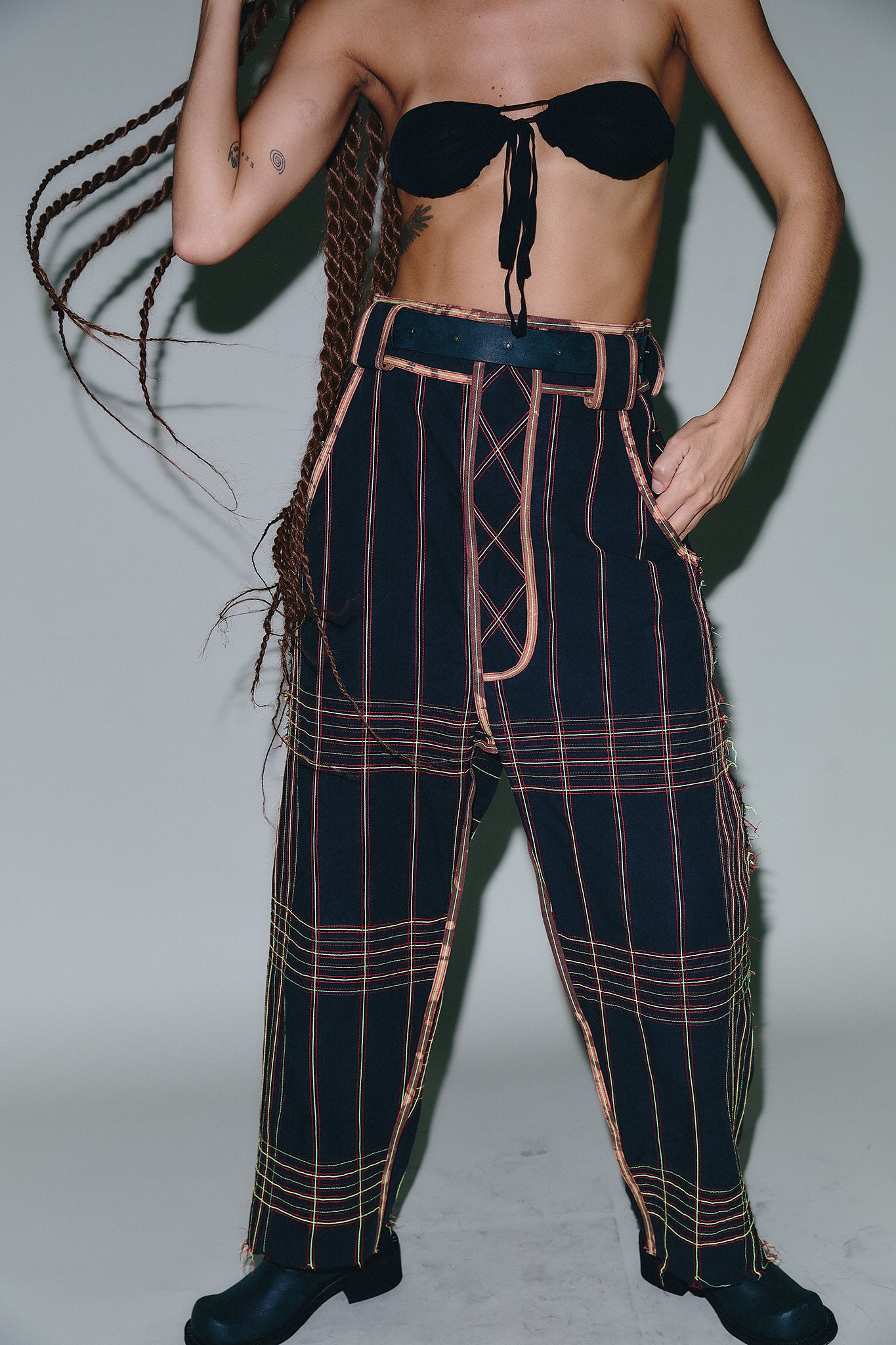 Cotton Topstitched Trousers - Neon Green&Red