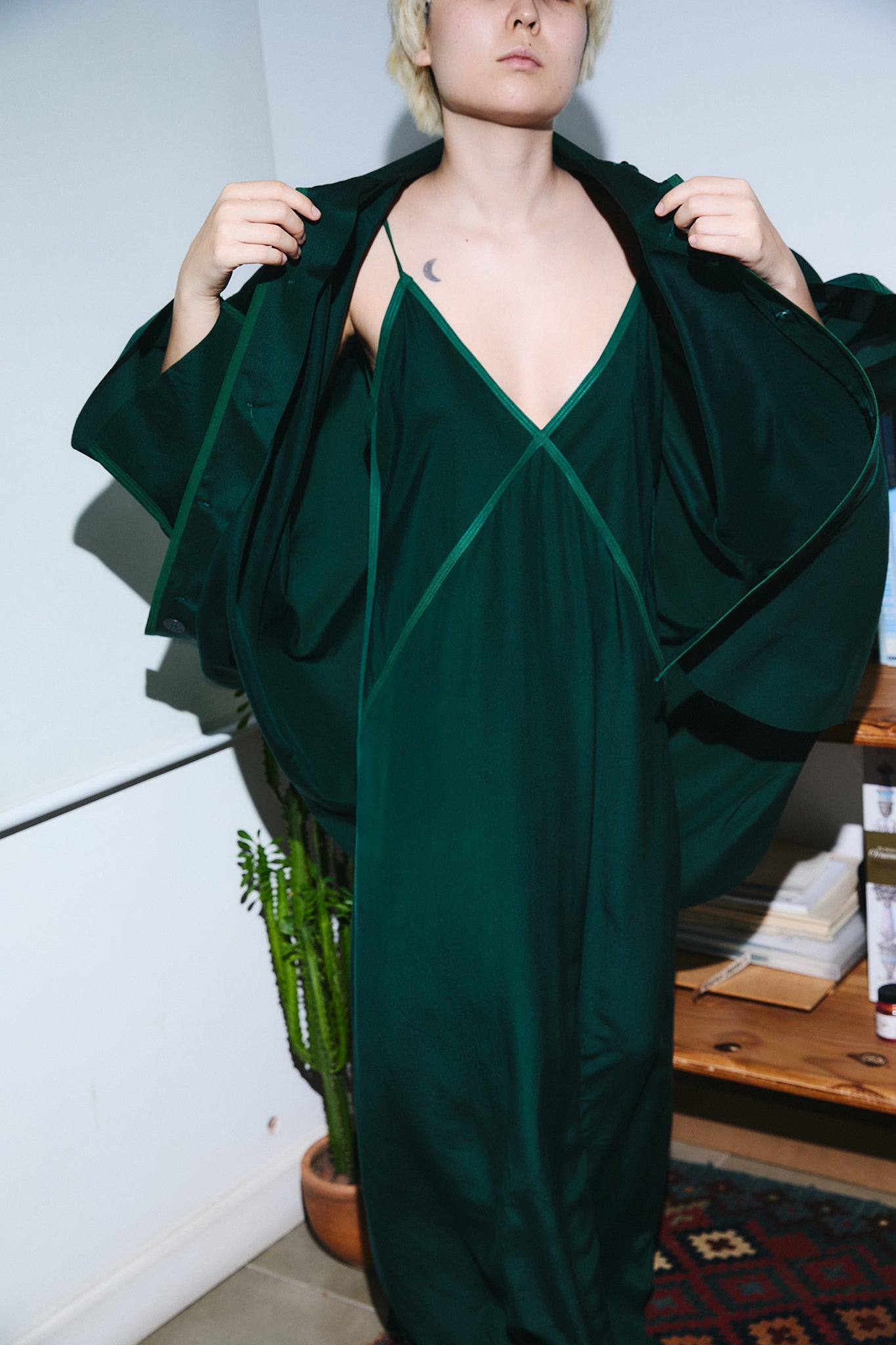 V-Neck Silk Dress - Forest Green