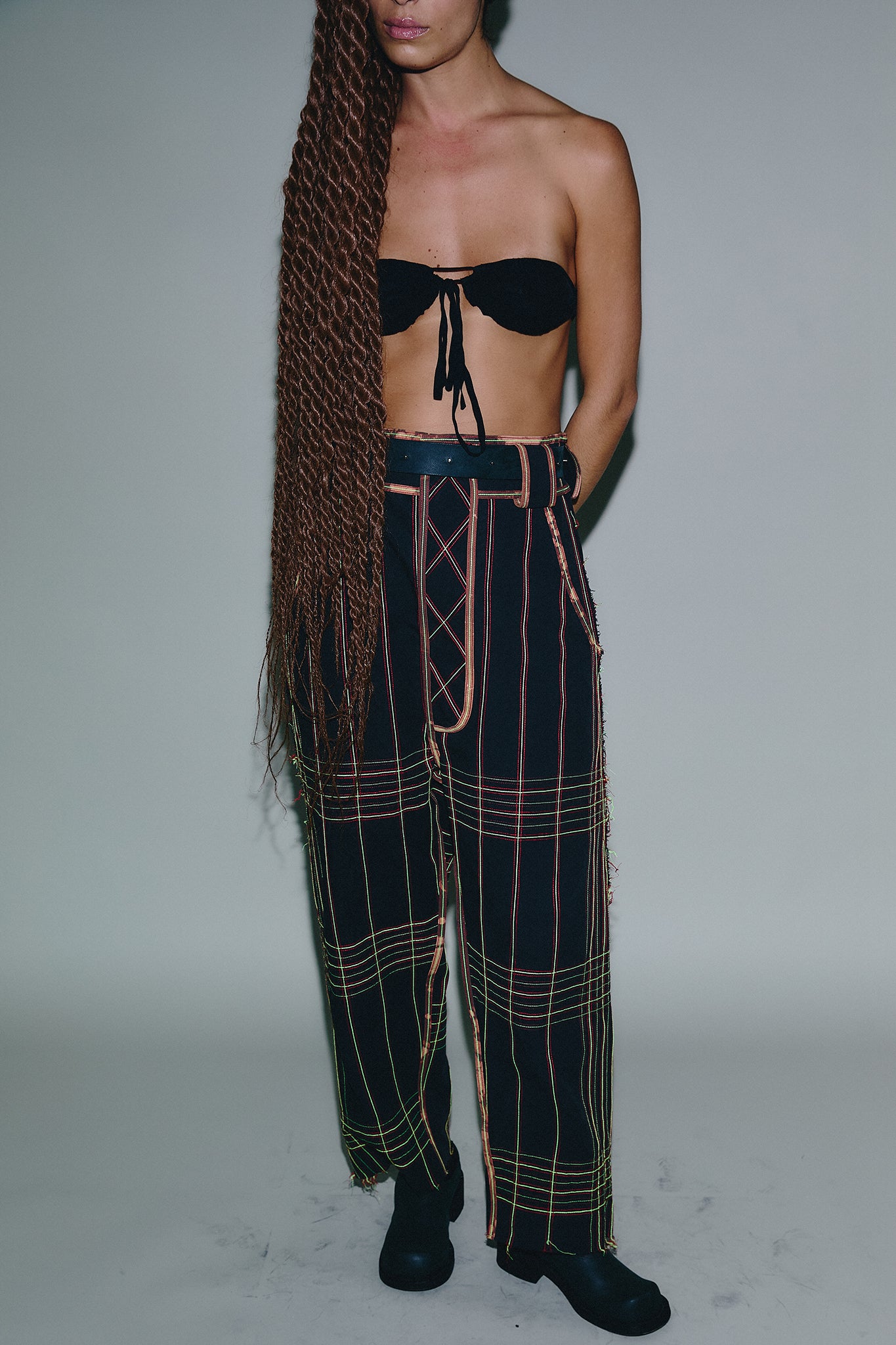 Cotton Topstitched Trousers - Neon Green&Red