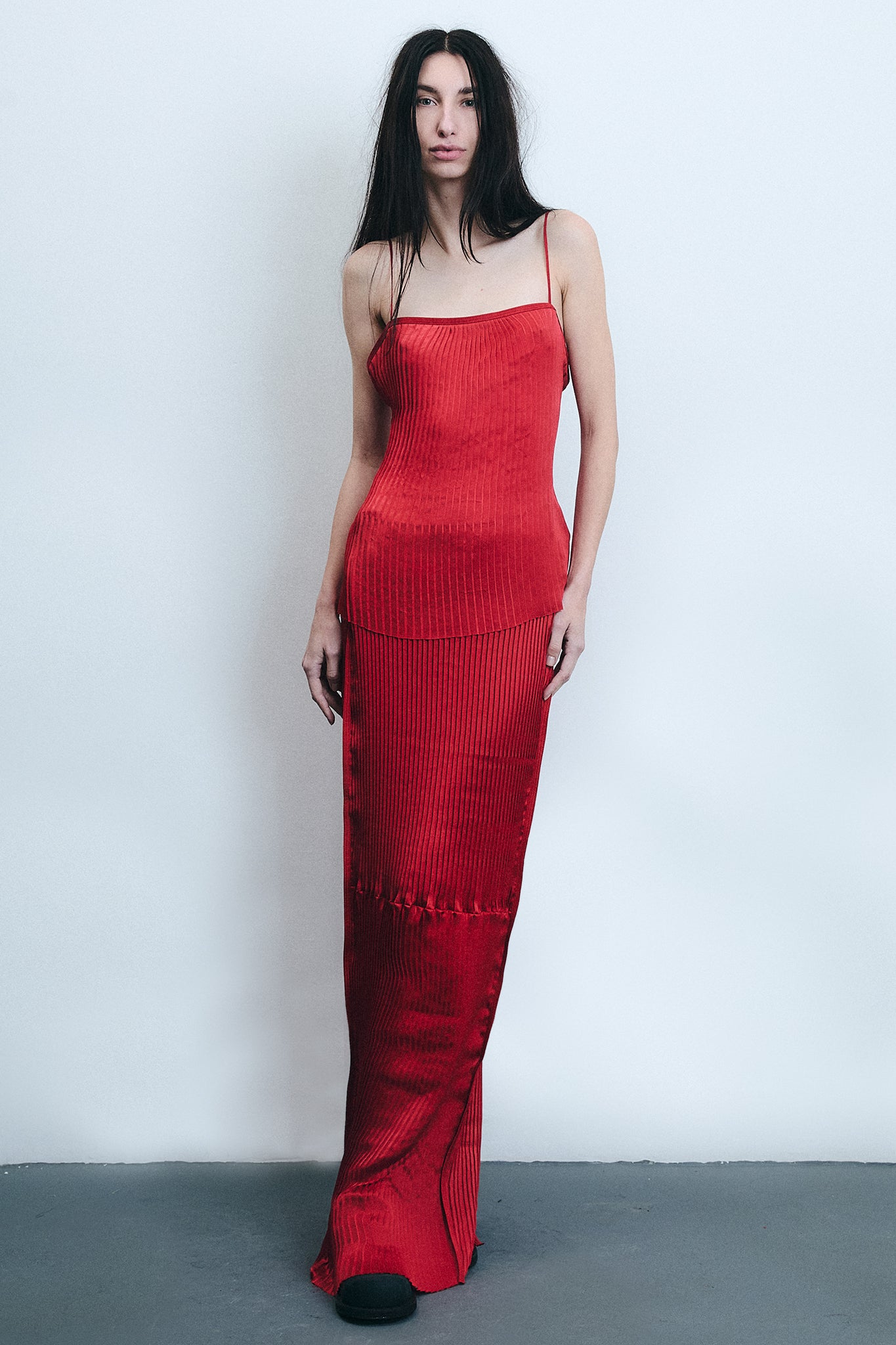 Accordion Pleated Silk Skirt - Red