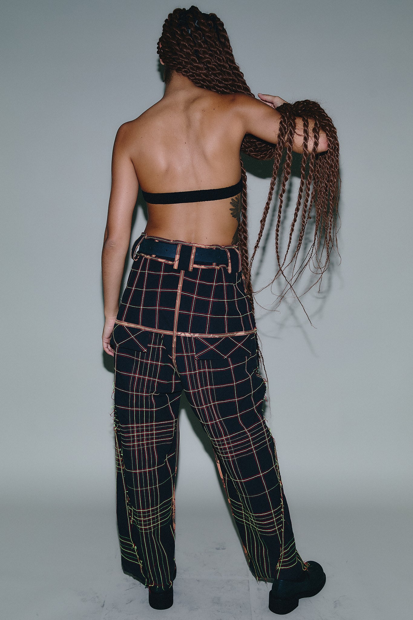 Cotton Topstitched Trousers - Neon Green&Red