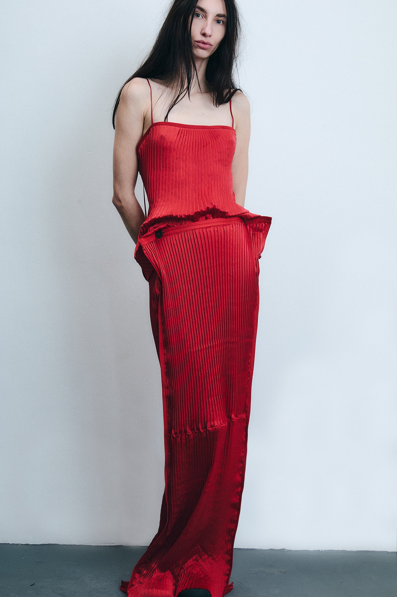 Accordion Pleated Silk Skirt - Red
