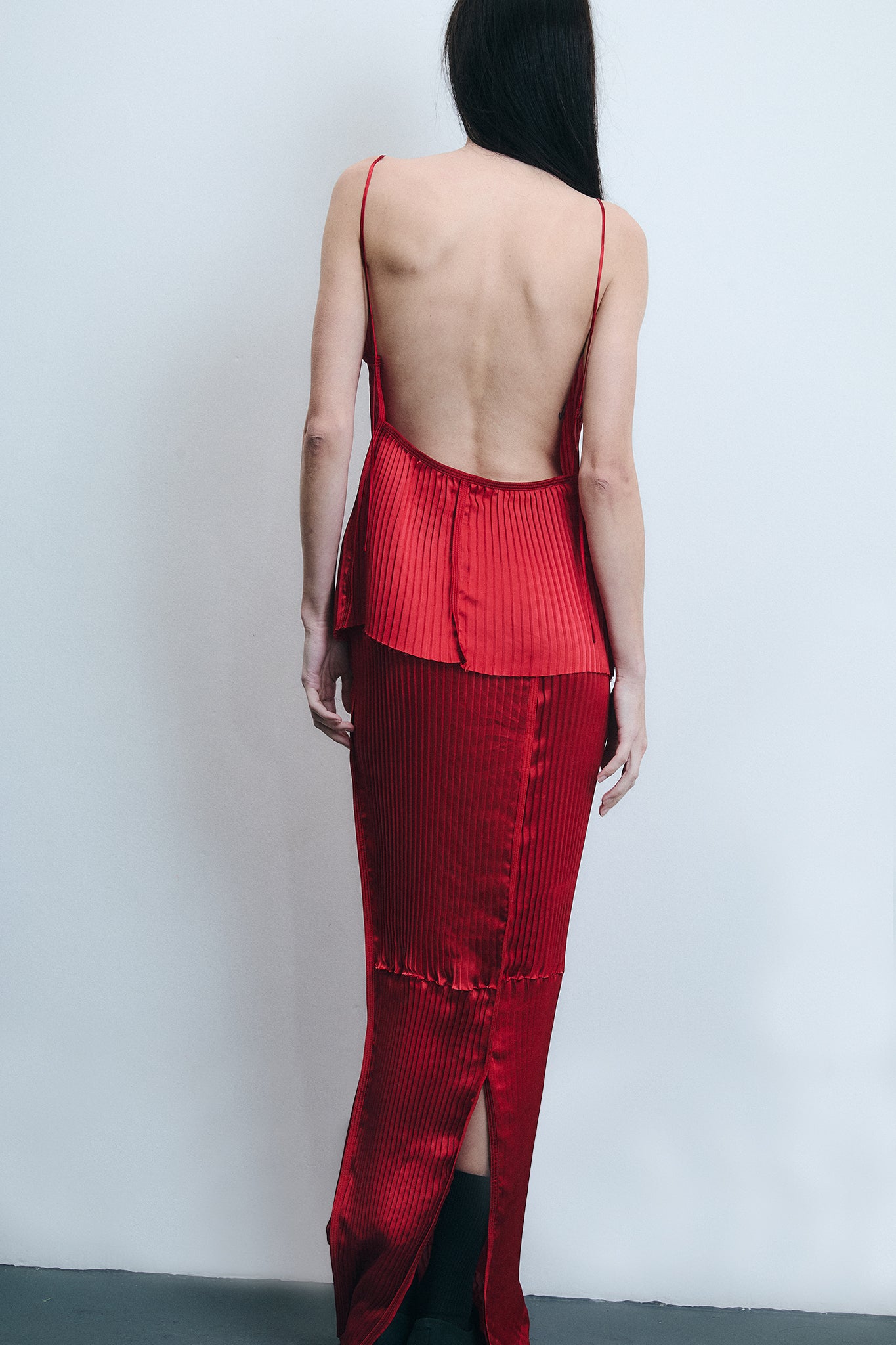 Accordion Pleated Silk Skirt - Red