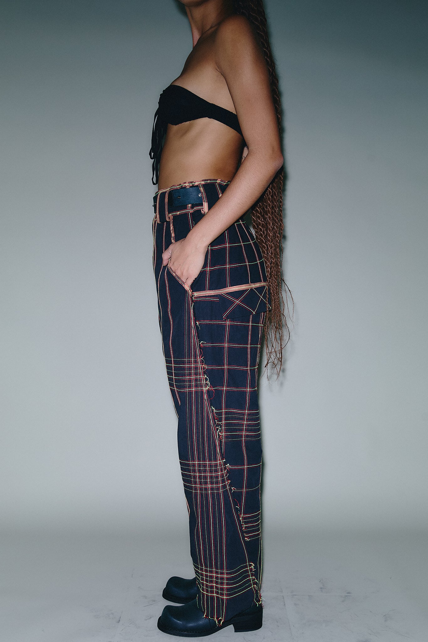 Cotton Topstitched Trousers - Neon Green&Red