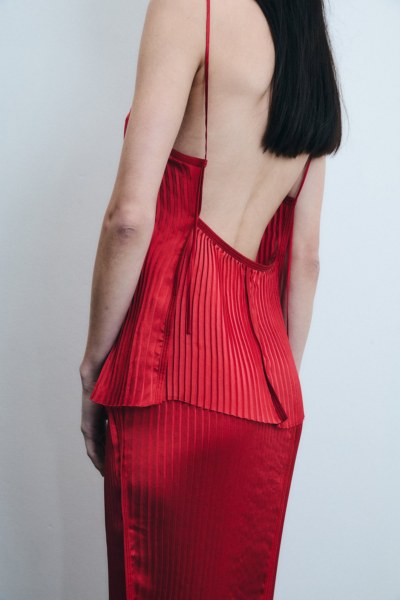 Accordion Pleated Silk Blouse - Red