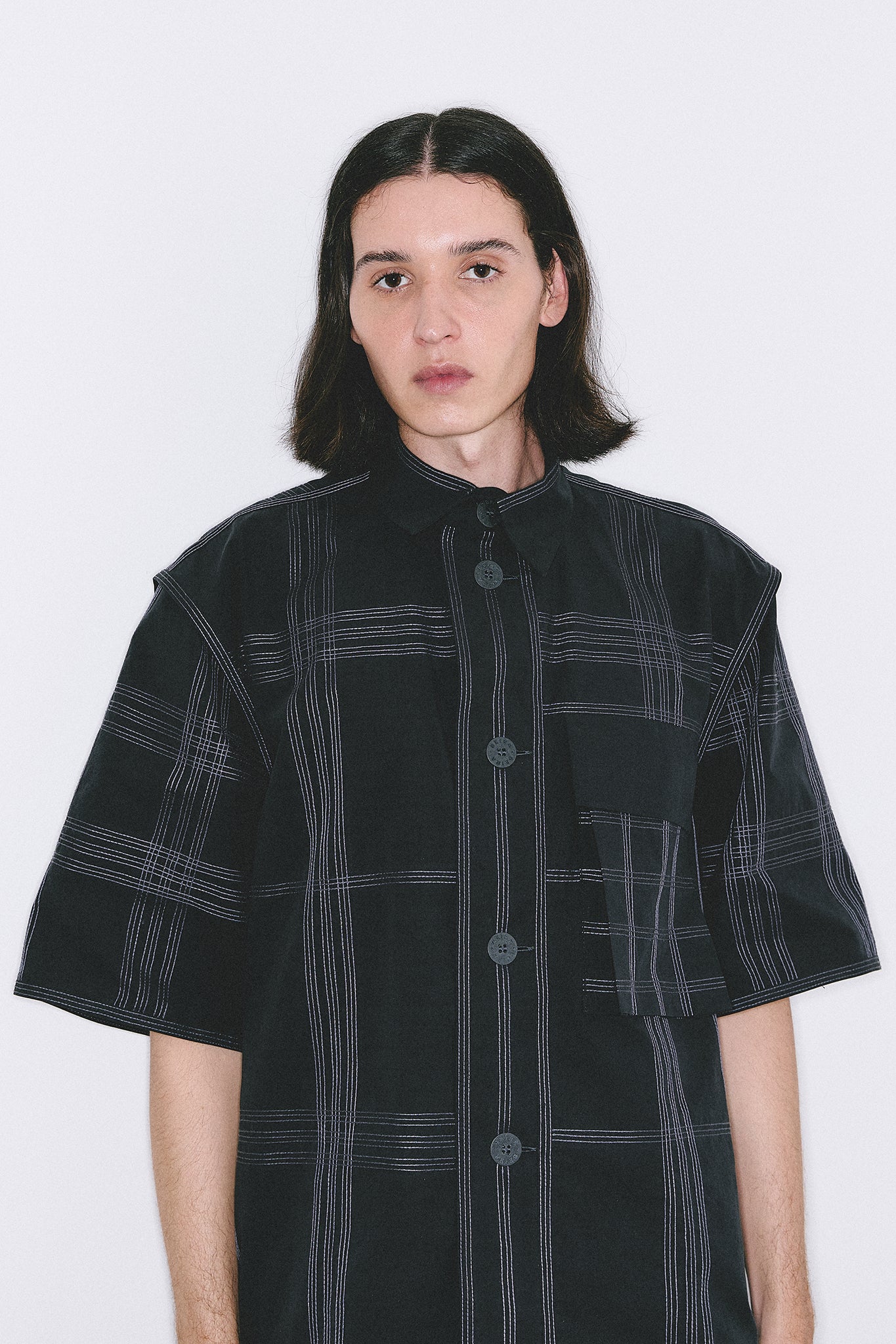 Topstitched Cotton Short Sleeve Shirt - Black