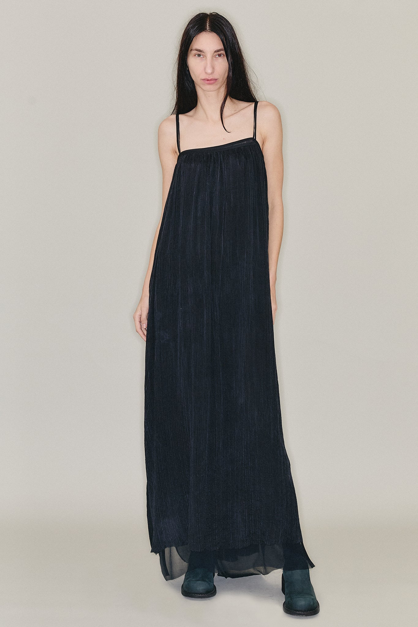 Silk Strap Gathered Maxi Dress - Black