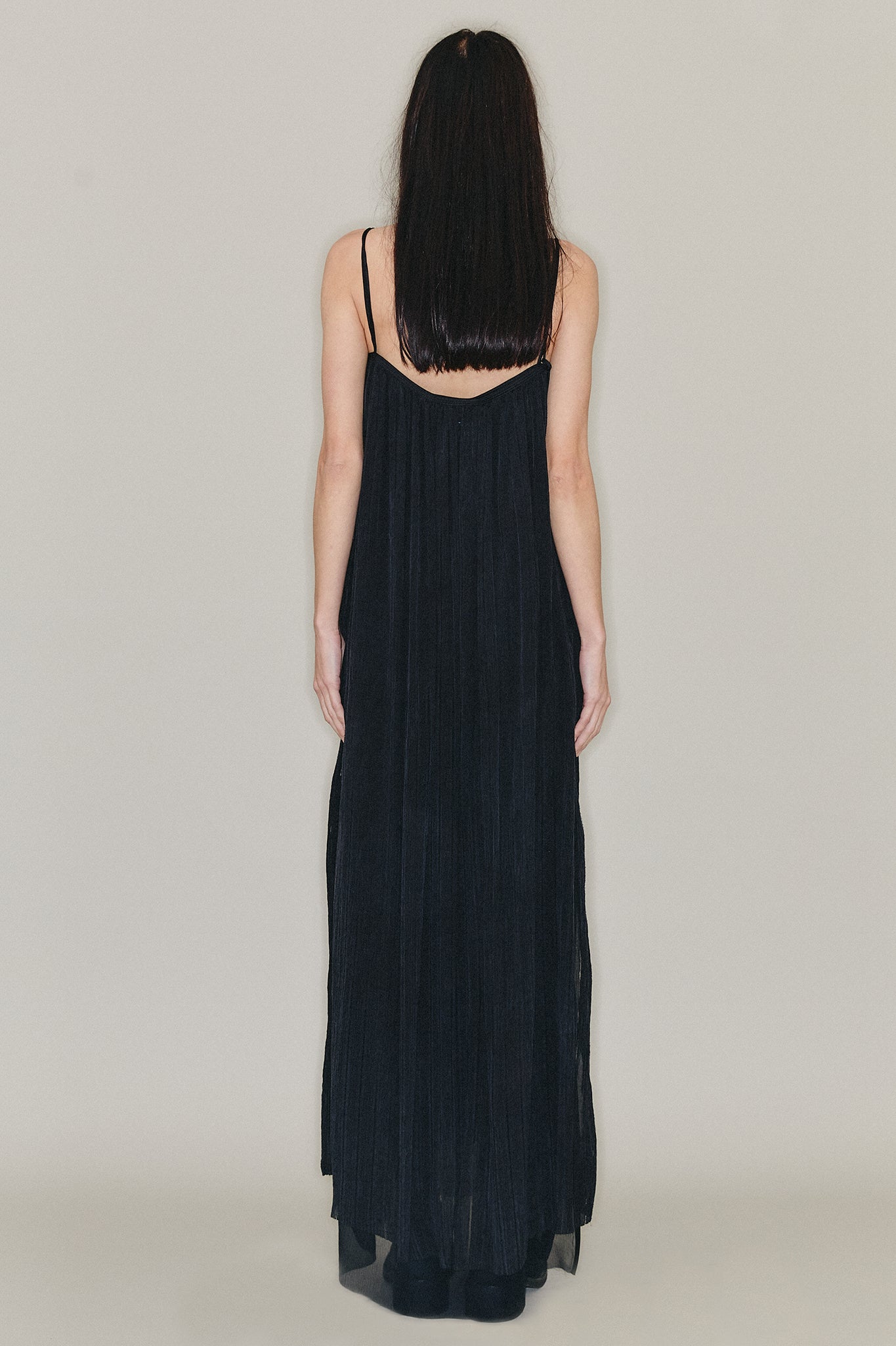 Silk Strap Gathered Maxi Dress - Black