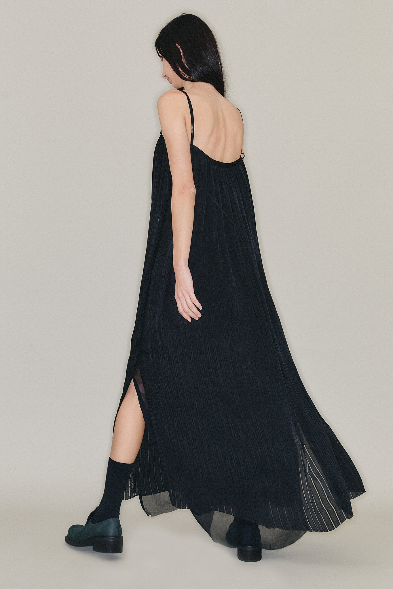 Silk Strap Gathered Maxi Dress - Black