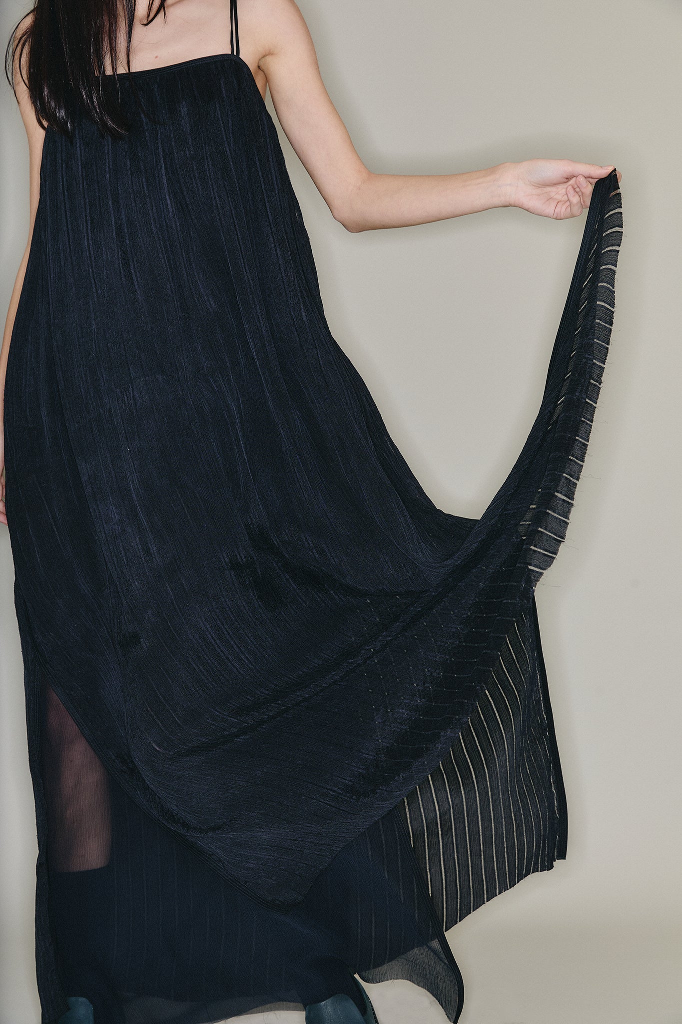 Silk Strap Gathered Maxi Dress - Black