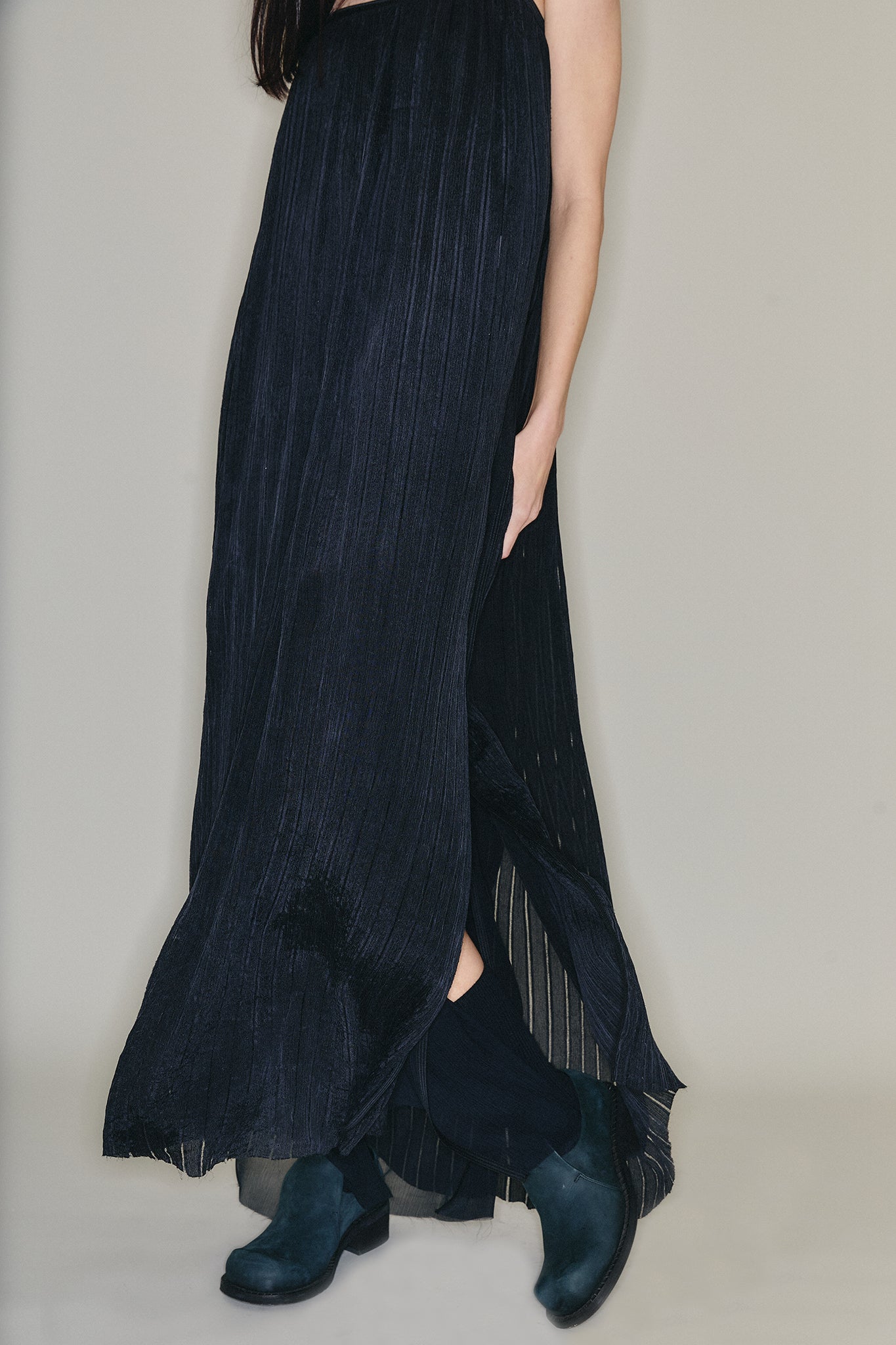 Silk Strap Gathered Maxi Dress - Black