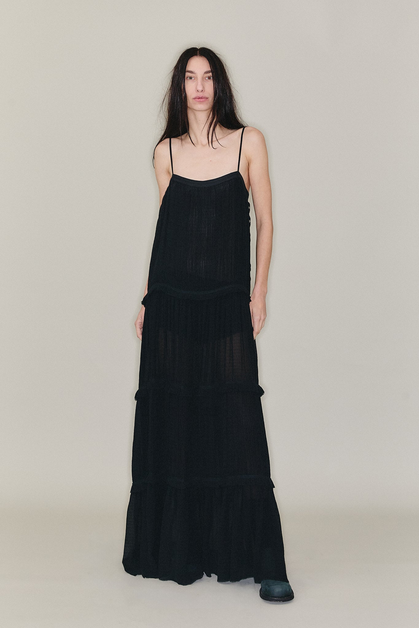 Pleated Silk Tiered Dress - Black
