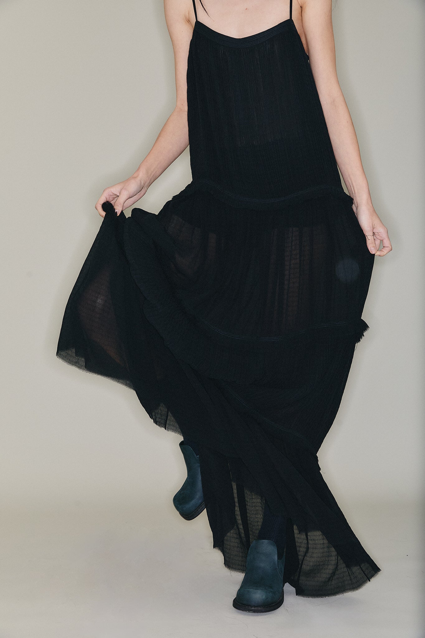 Pleated Silk Tiered Dress - Black
