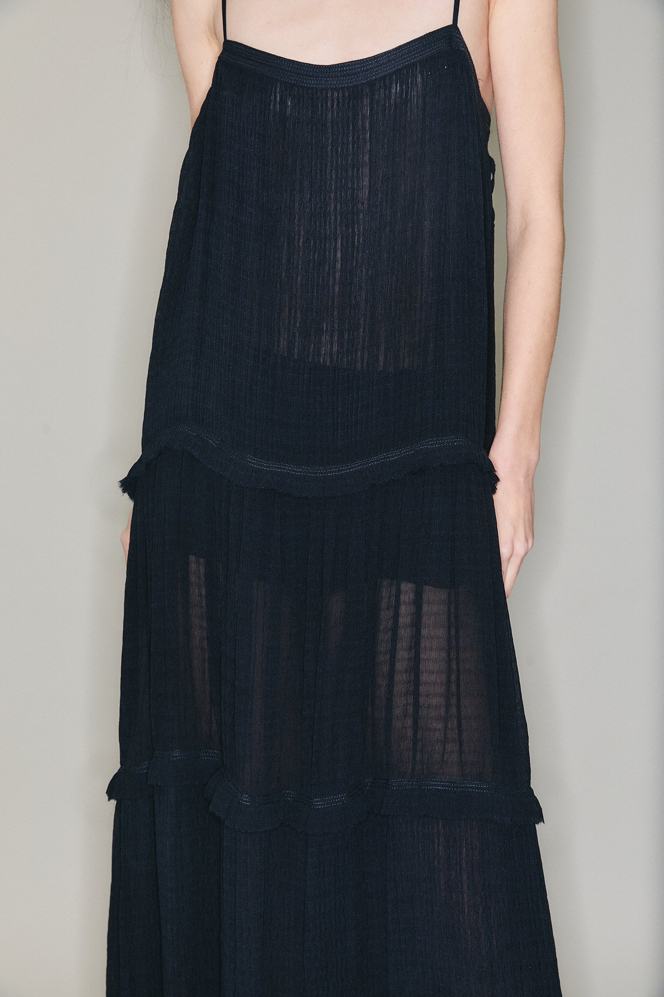 Pleated Silk Tiered Dress - Black